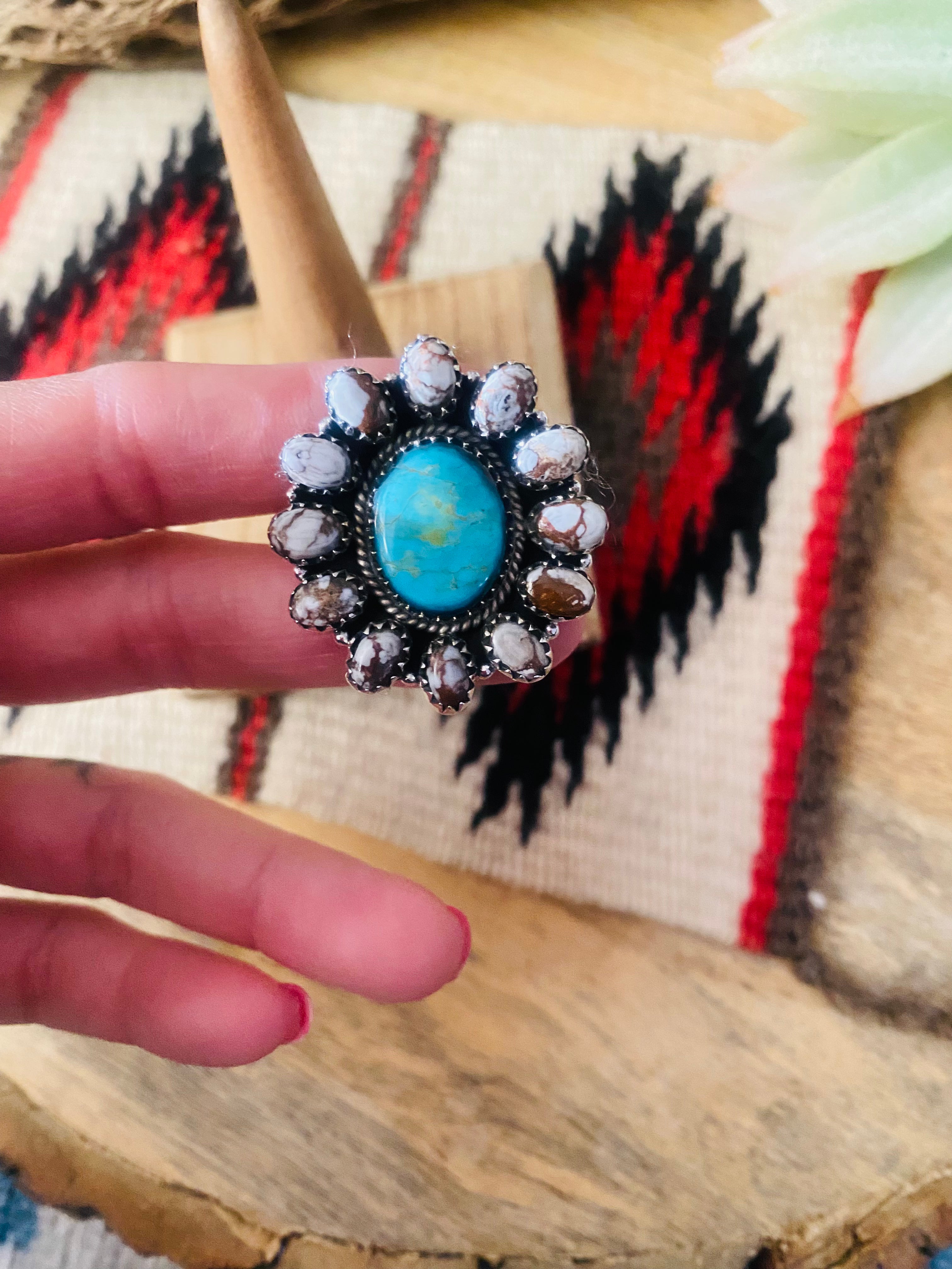 Handmade Sterling Silver, Wild Horse & Turquoise Cluster Adjustable Ring