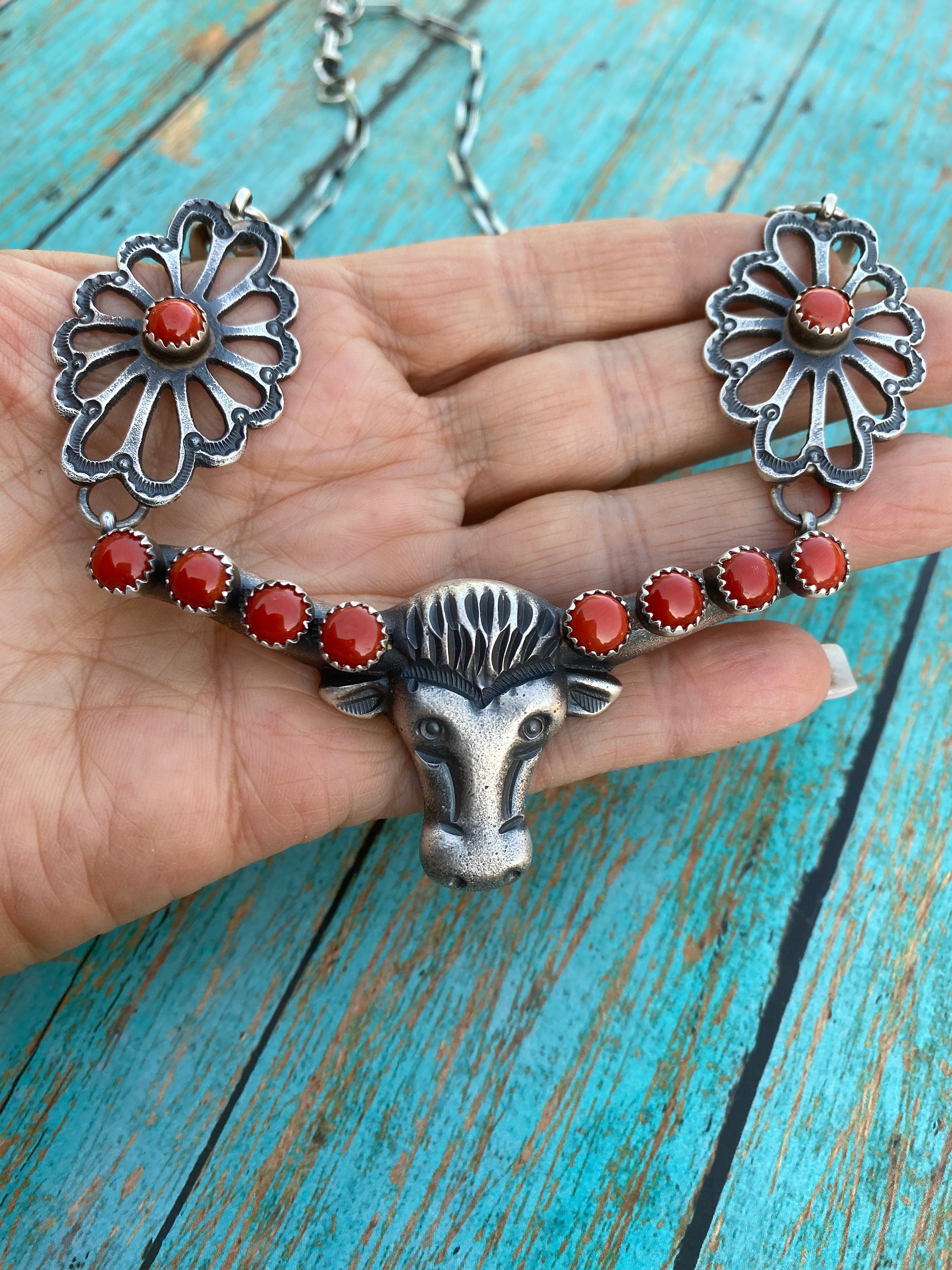 Navajo Sterling Silver & Coral Bull Head Necklace Set By Kevin Billah