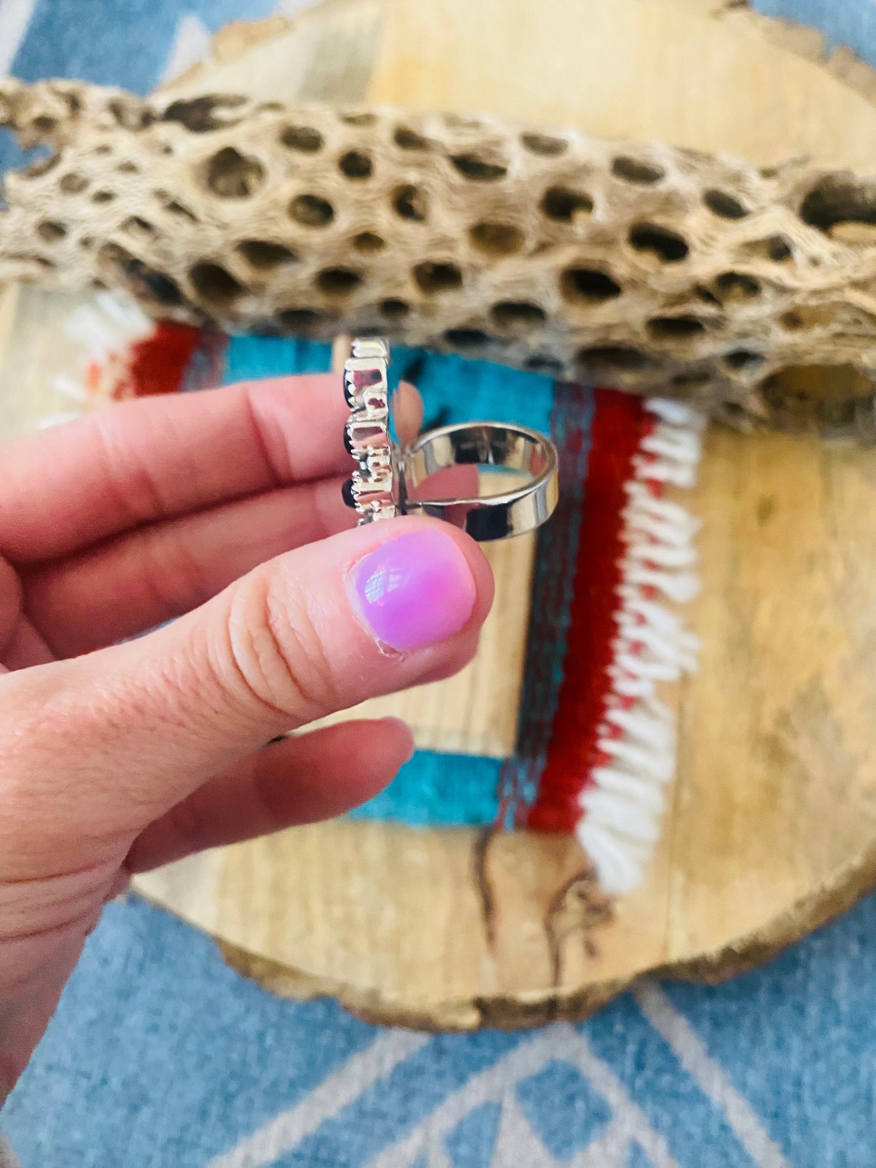 Handmade Sterling Silver, Fordite & Onyx Cluster Adjustable Ring