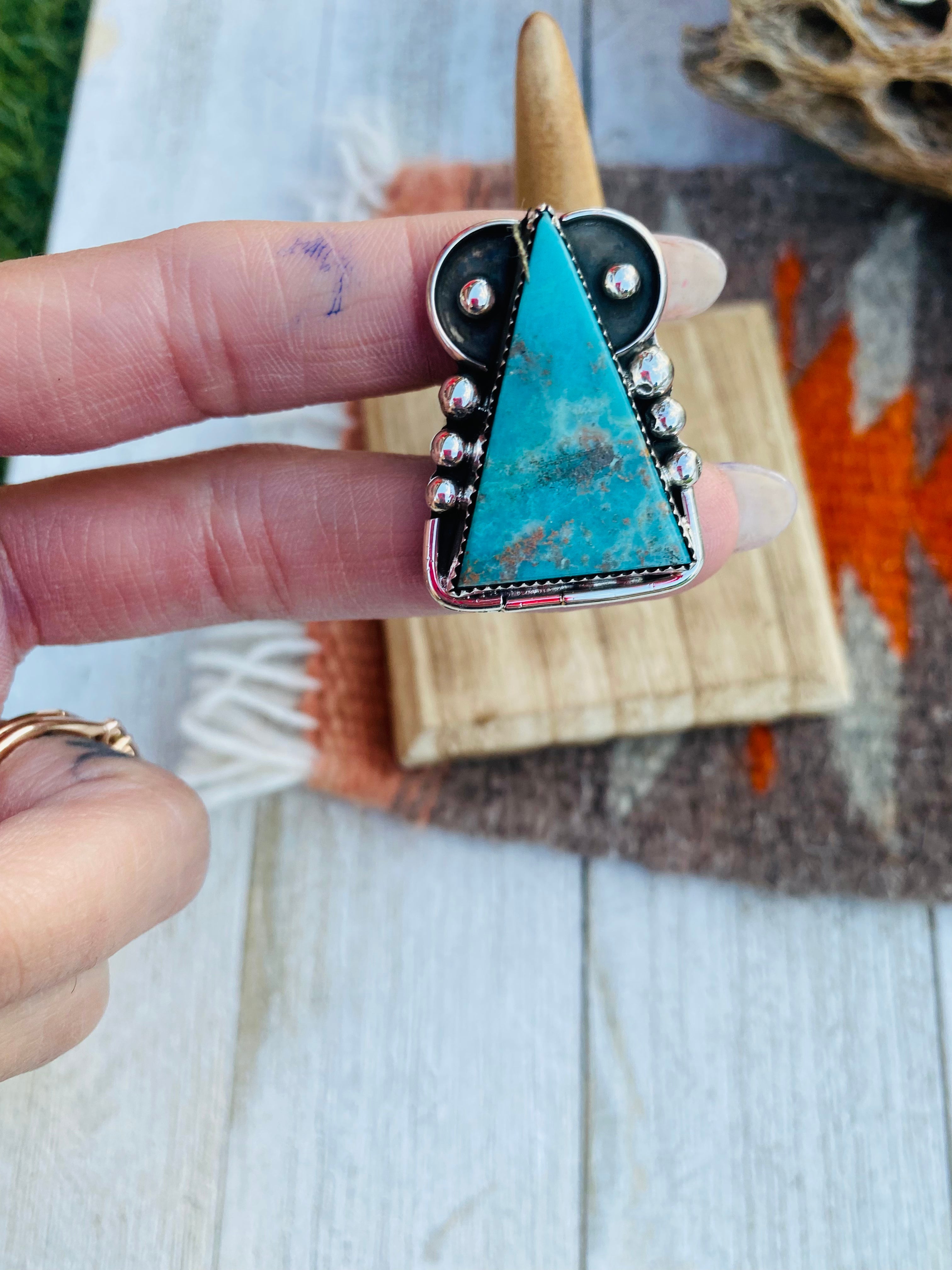 Navajo Turquoise & Sterling Silver Triangle Ring Size 7