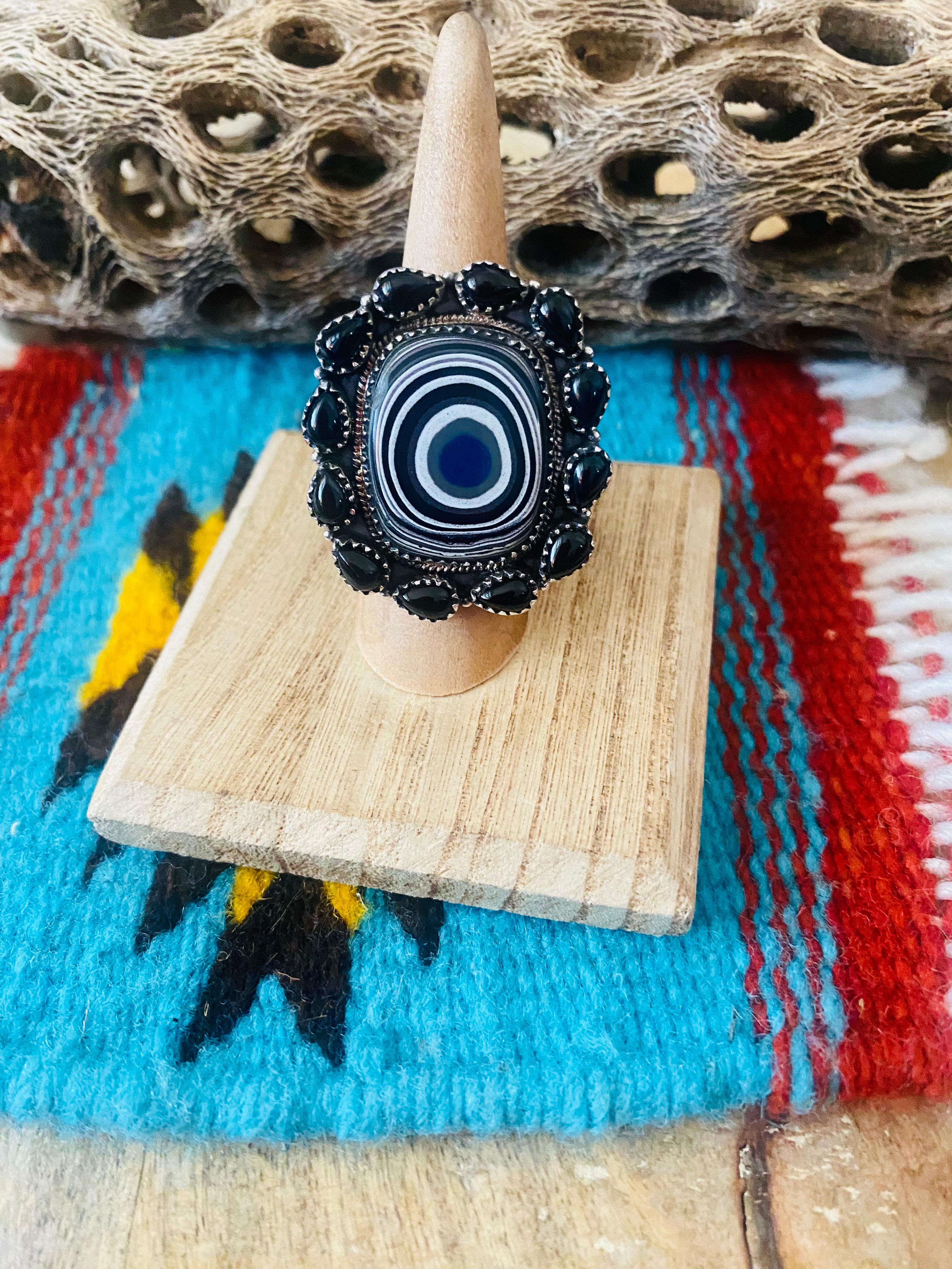 Handmade Sterling Silver, Fordite & Onyx Cluster Adjustable Ring