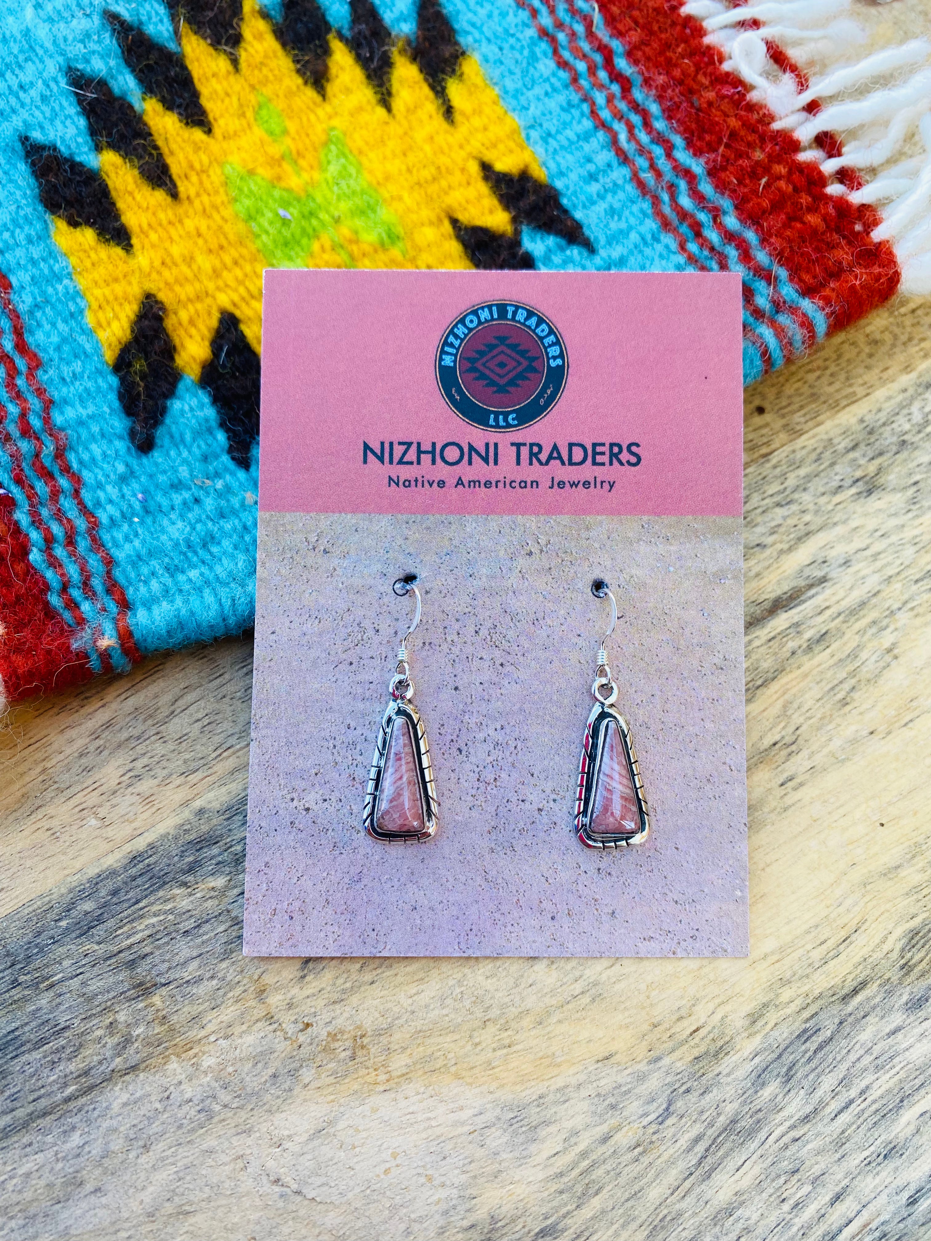 Navajo Sterling Silver & Rhodochrosite Dangle Earrings