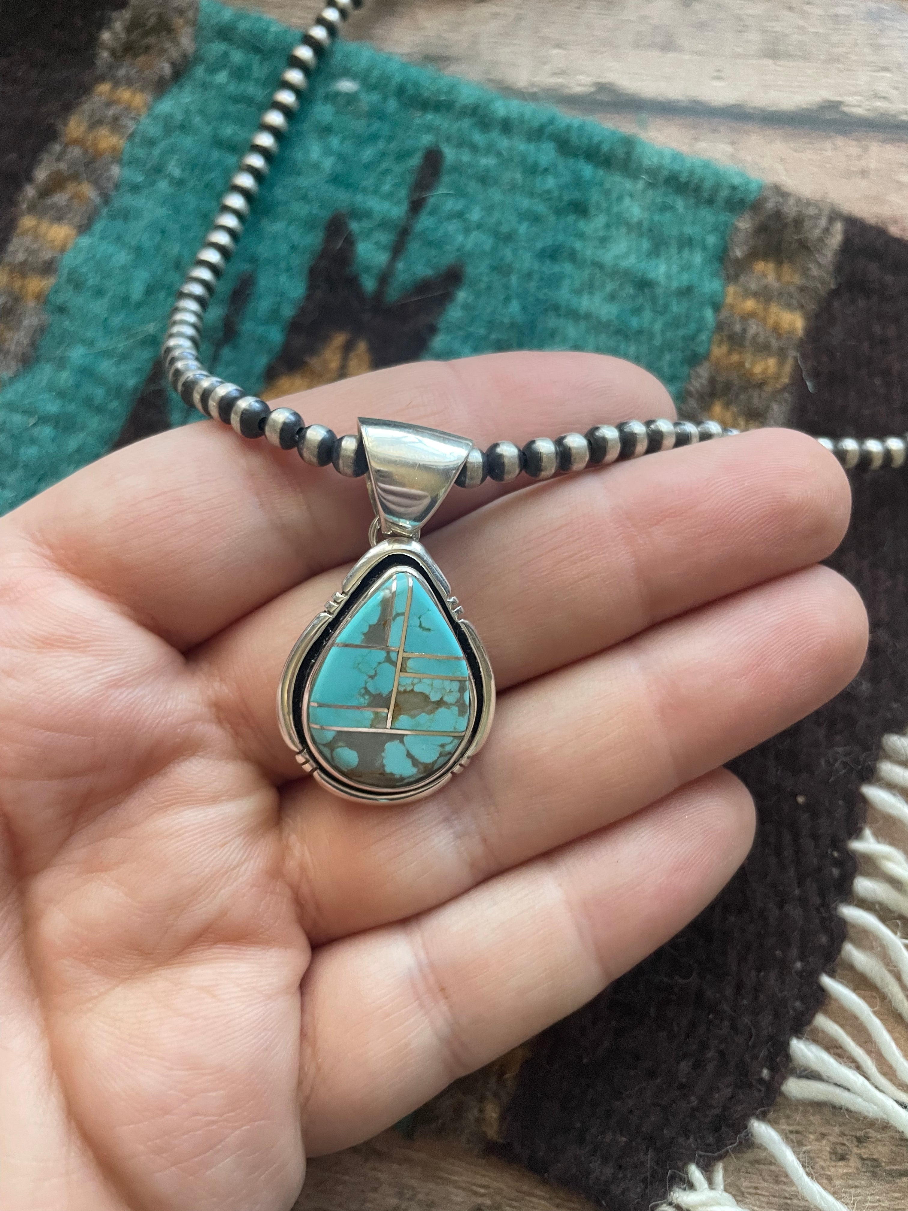 Number 8 Turquoise Inlay & Sterling Silver Pendant