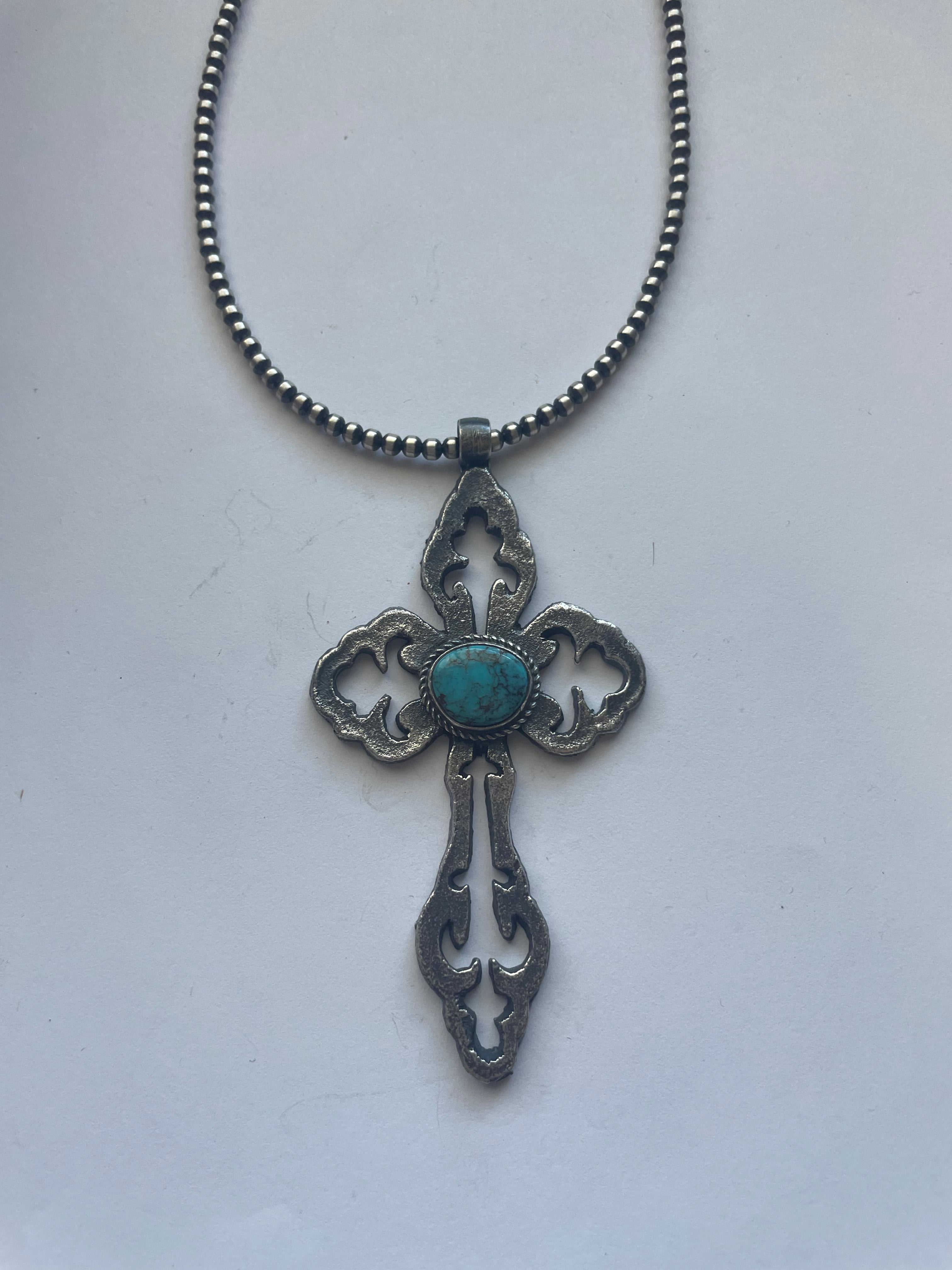 Navajo Sterling Silver & Turquoise Cross Pendant Signed Eugene Mitchell