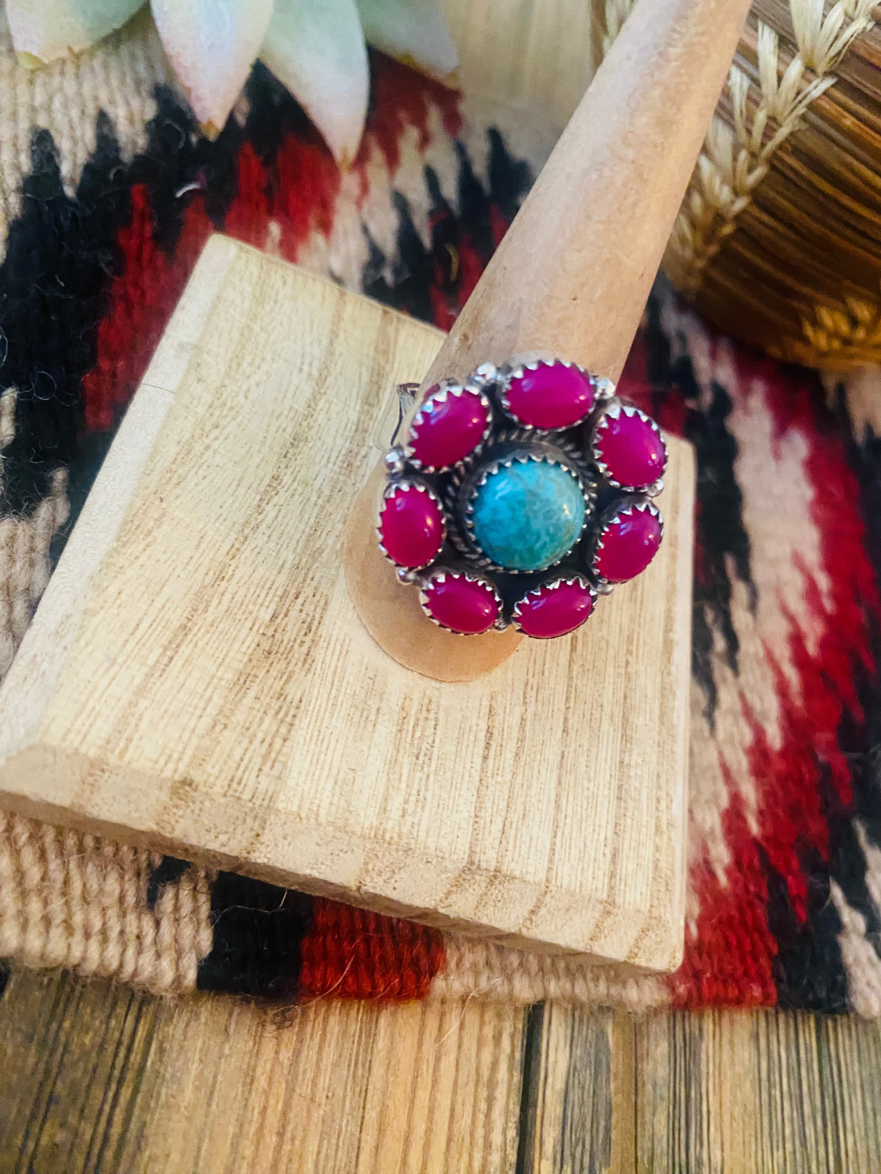 Handmade Sterling Silver, Pink Onyx & Turquoise Cluster Adjustable Ring