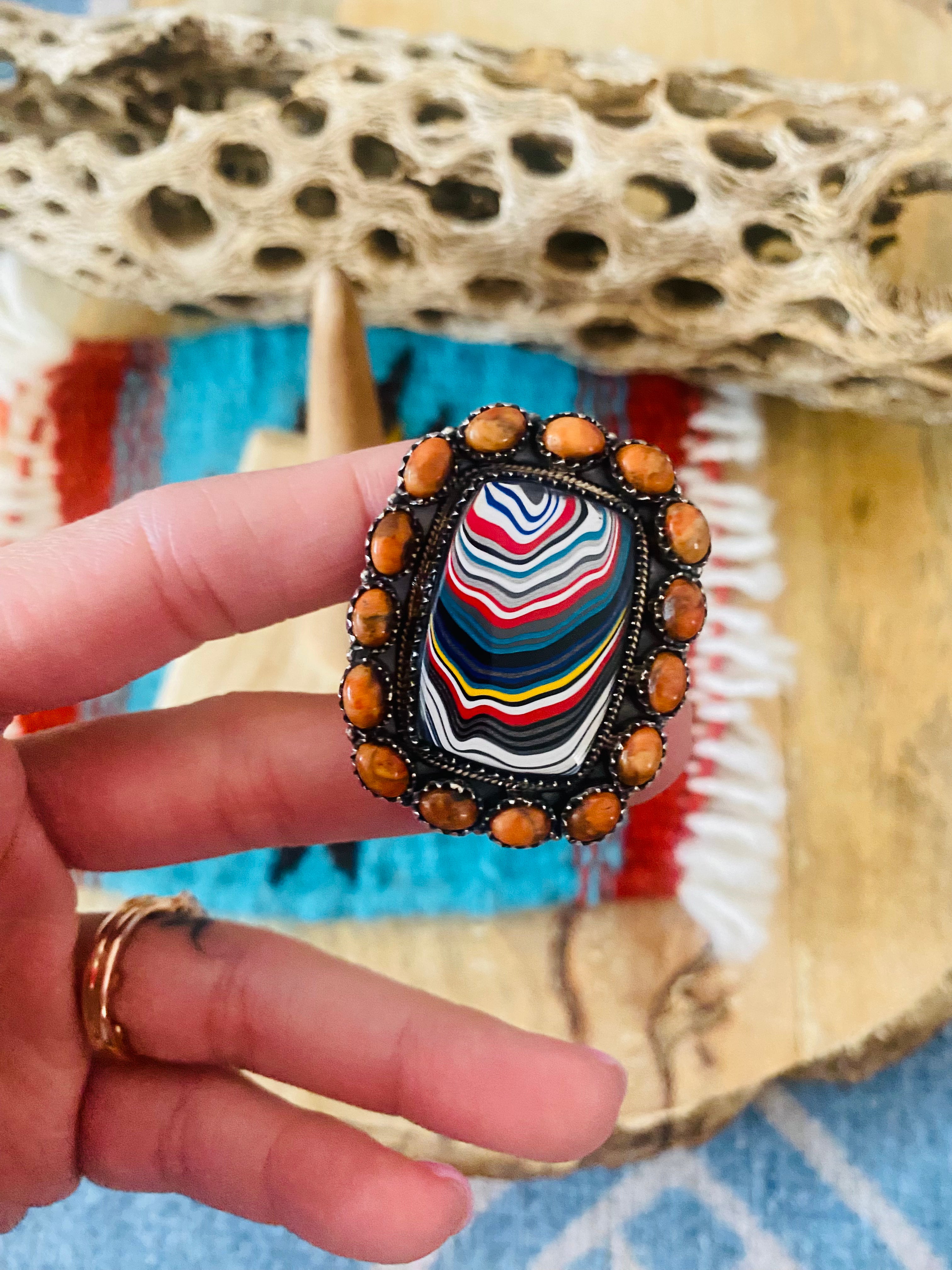 Handmade Sterling Silver, Fordite & Orange Mohave Cluster Adjustable Ring