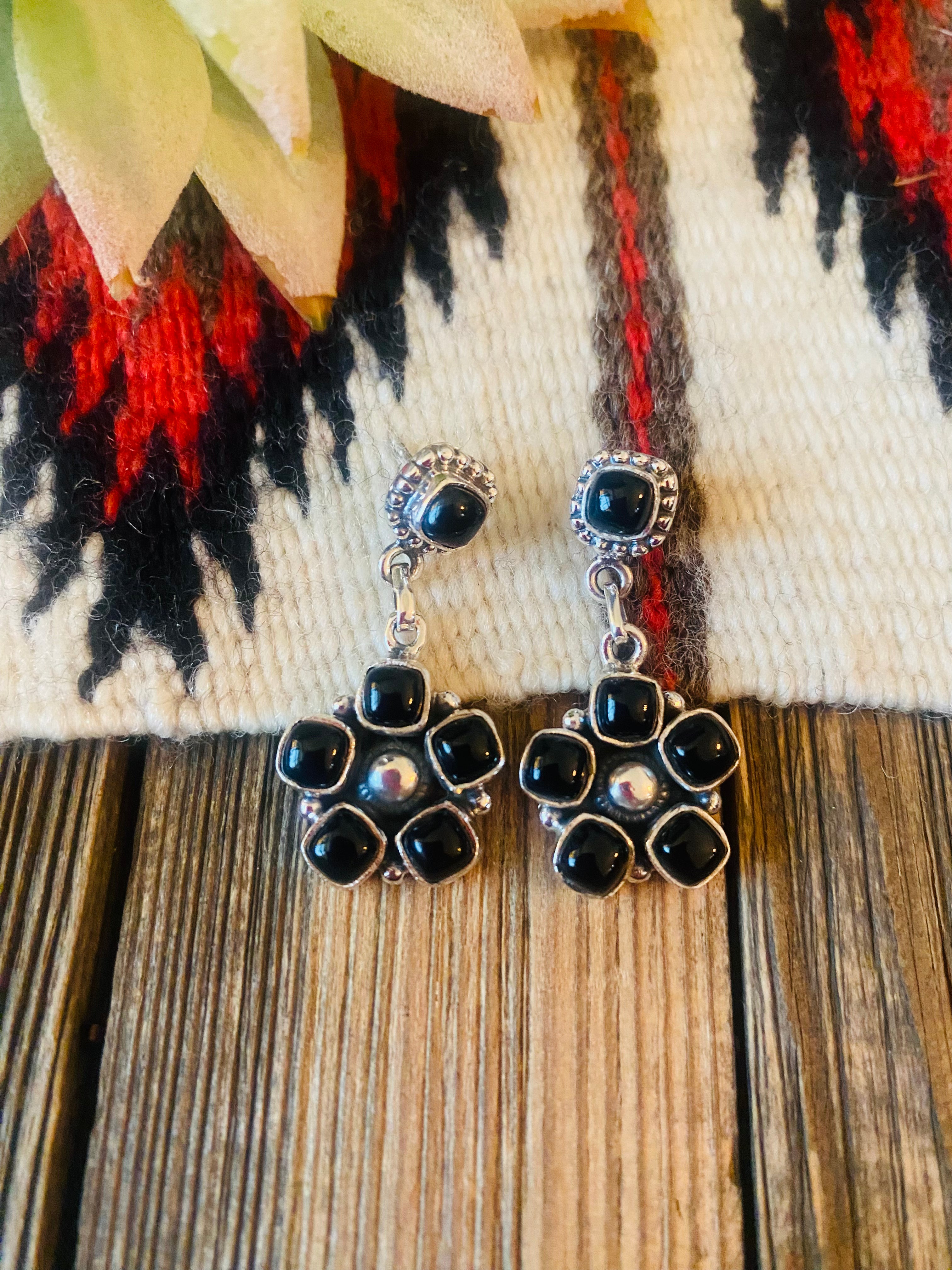 Handmade Black Onyx And Sterling Silver Cluster Dangle Earrings