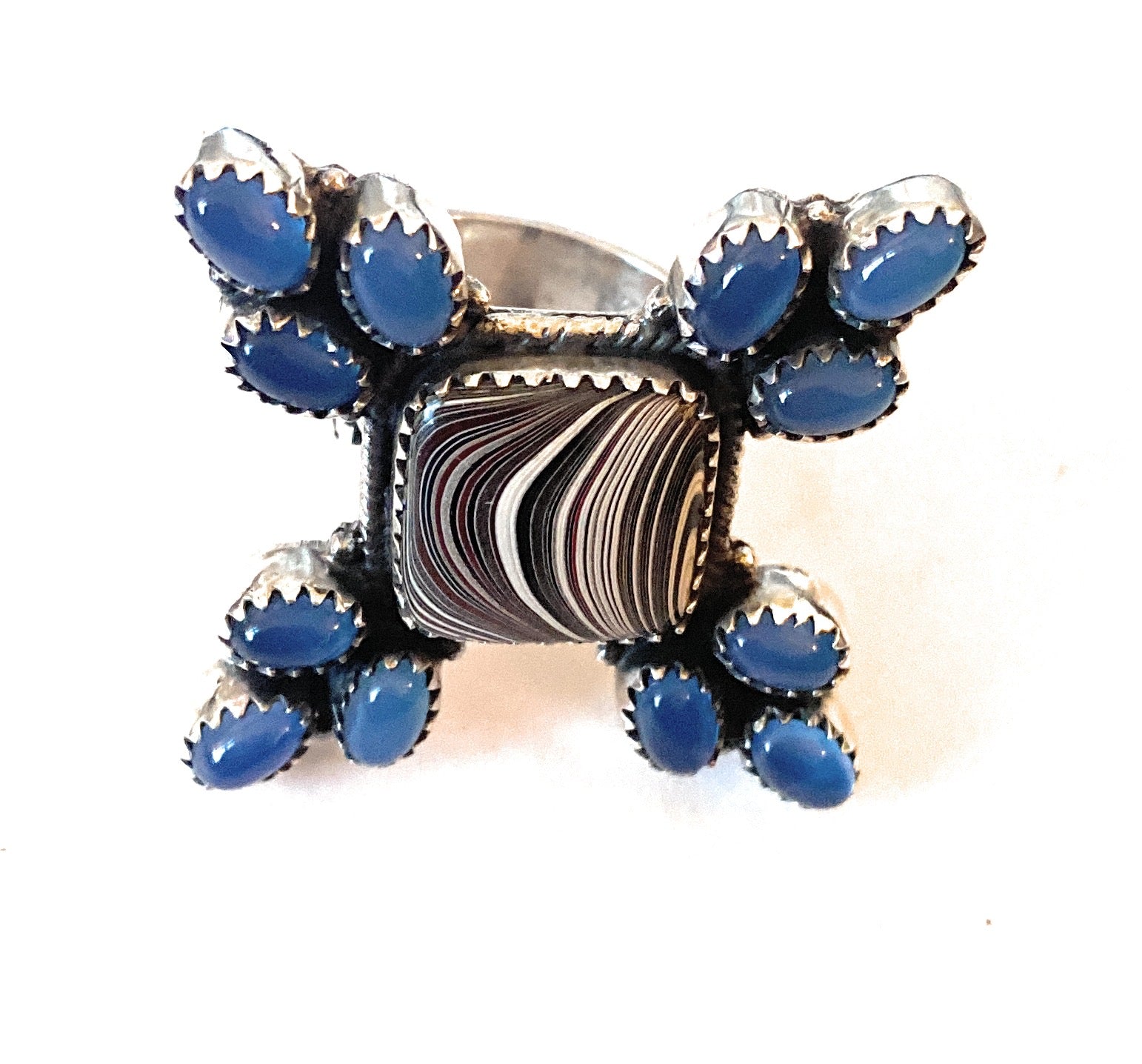 Handmade Sterling Silver, Fordite & Blue Chalcedony Cluster Adjustable Ring