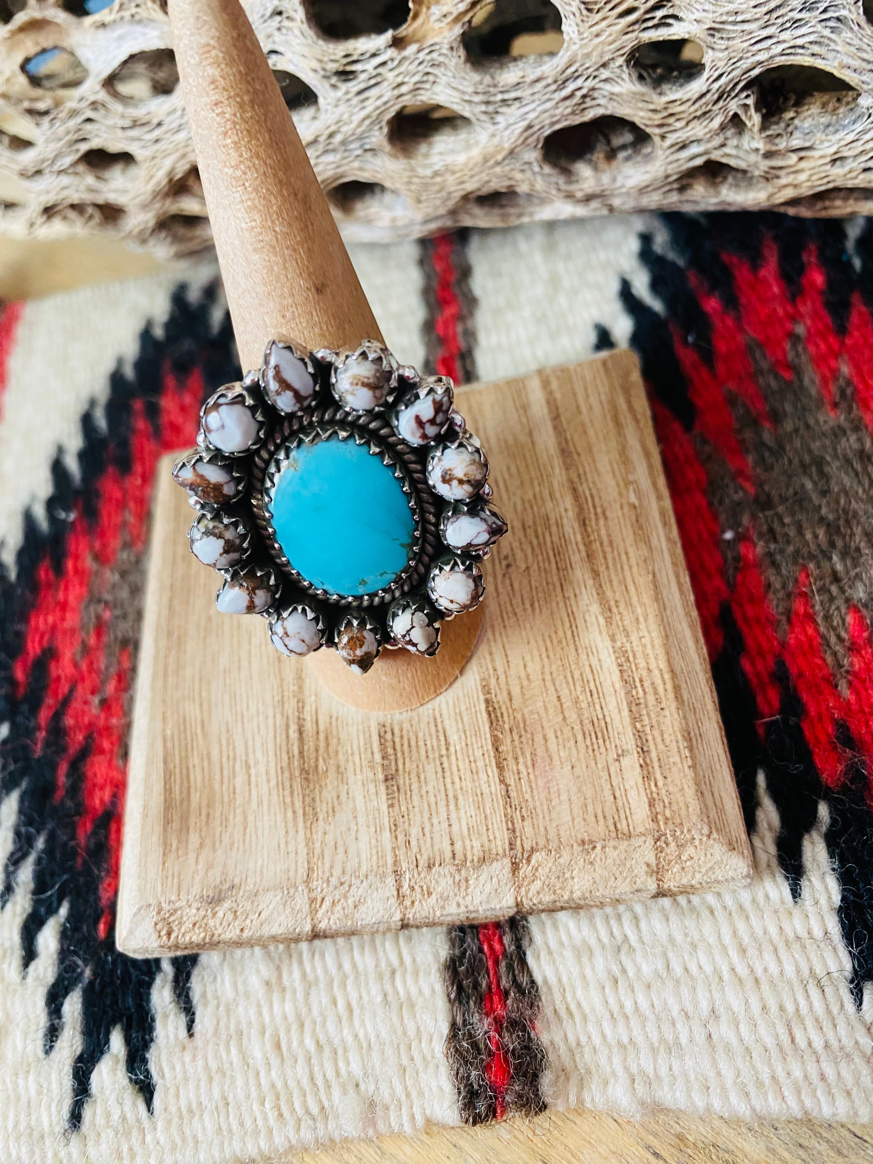 Handmade Sterling Silver, Wild Horse & Turquoise Cluster Adjustable Ring