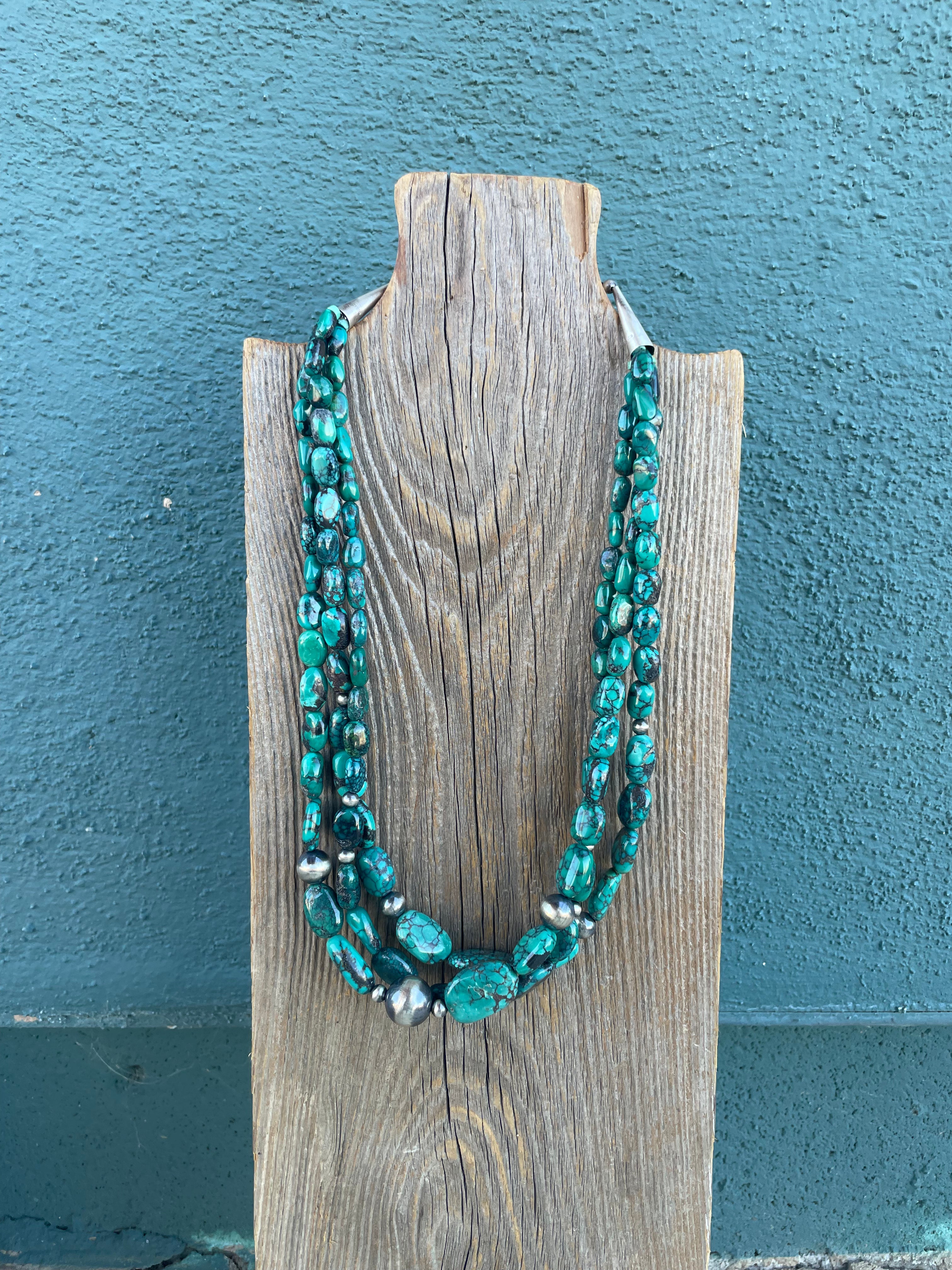 Navajo Turquoise & Sterling Silver 3 Strand Beaded Necklace