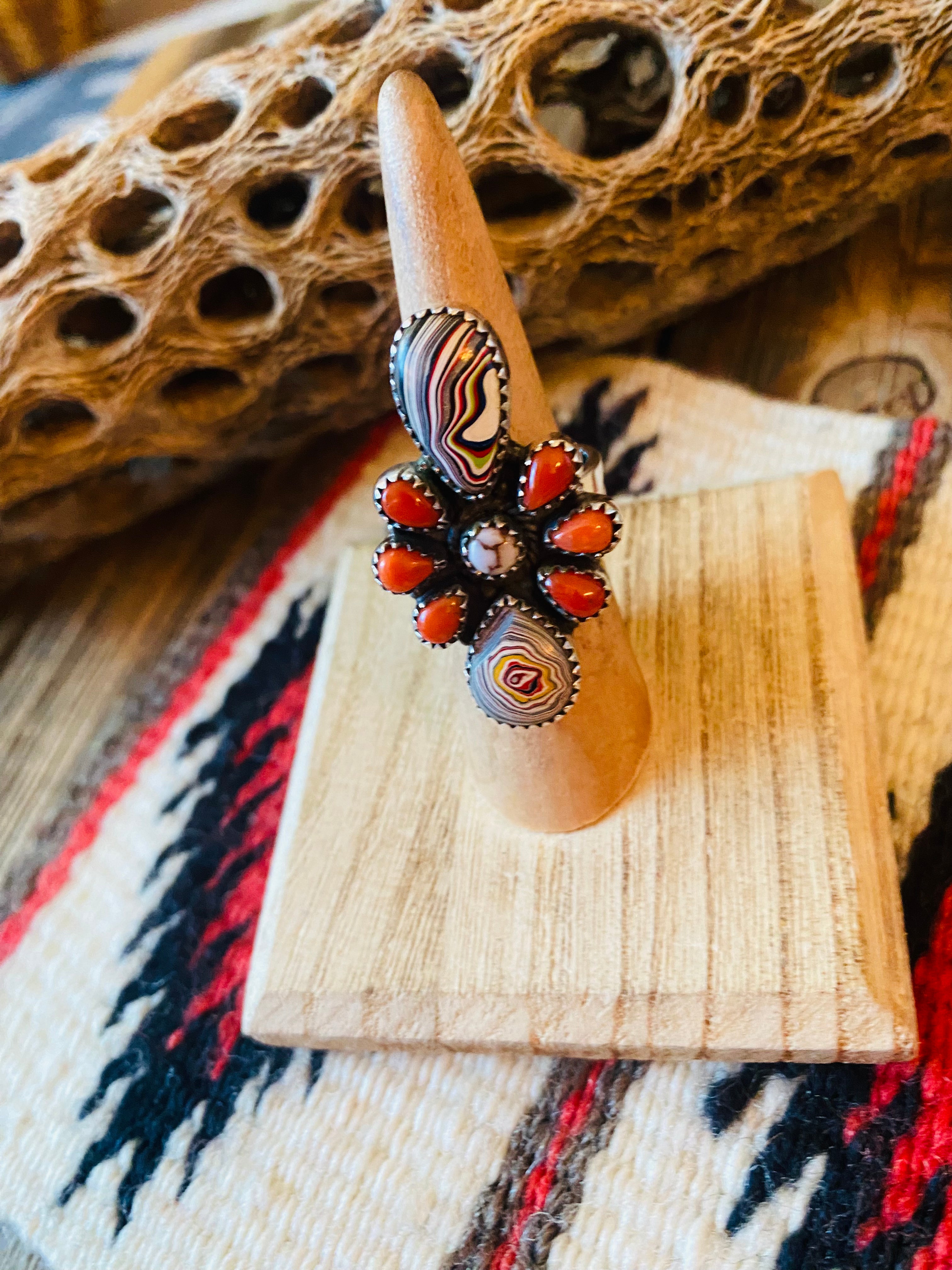 Handmade Sterling Silver, Fordite & Coral Cluster Adjustable Ring