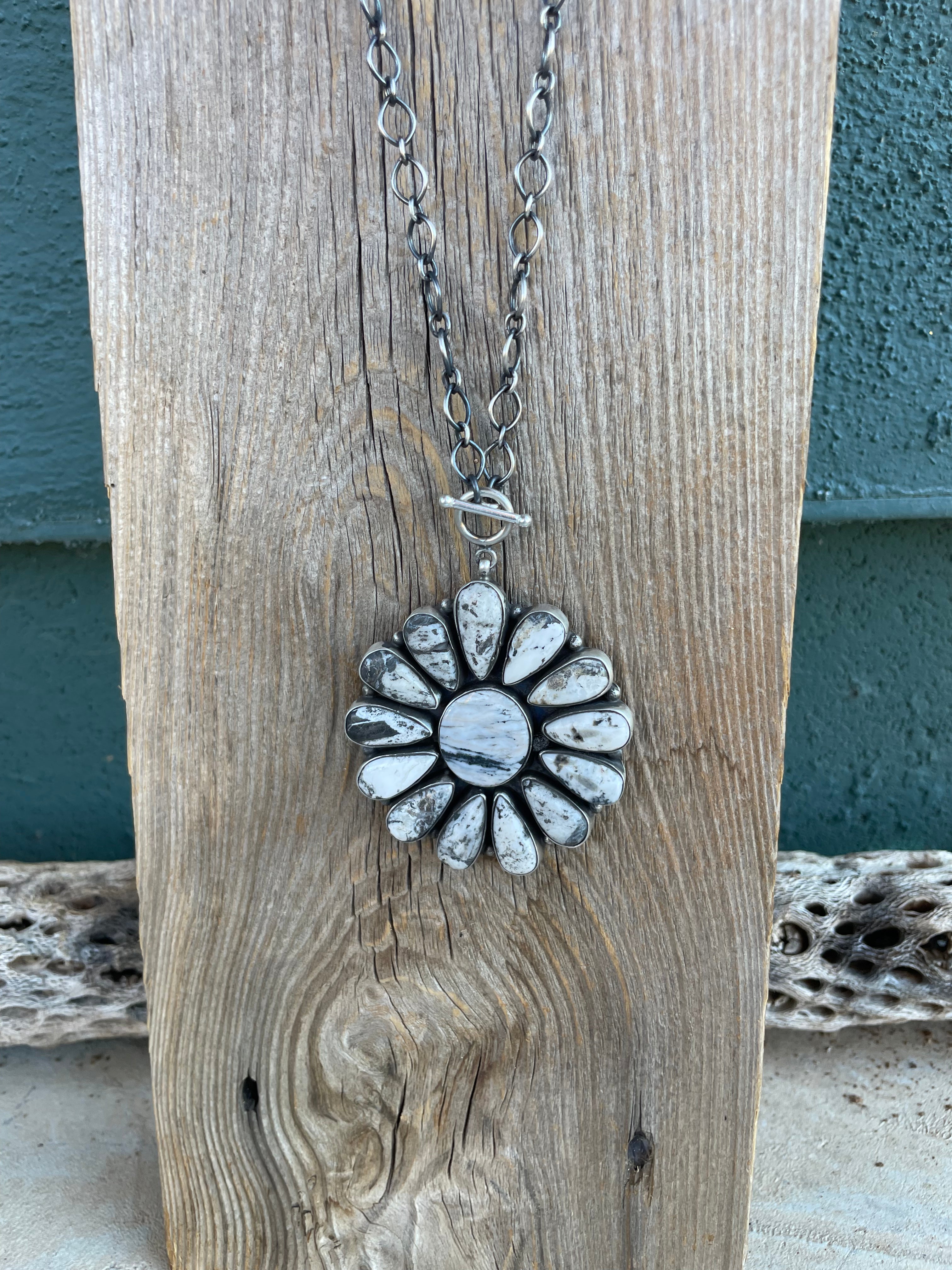 Navajo Sterling Silver And White Buffalo Cluster Necklace By Ella Peters