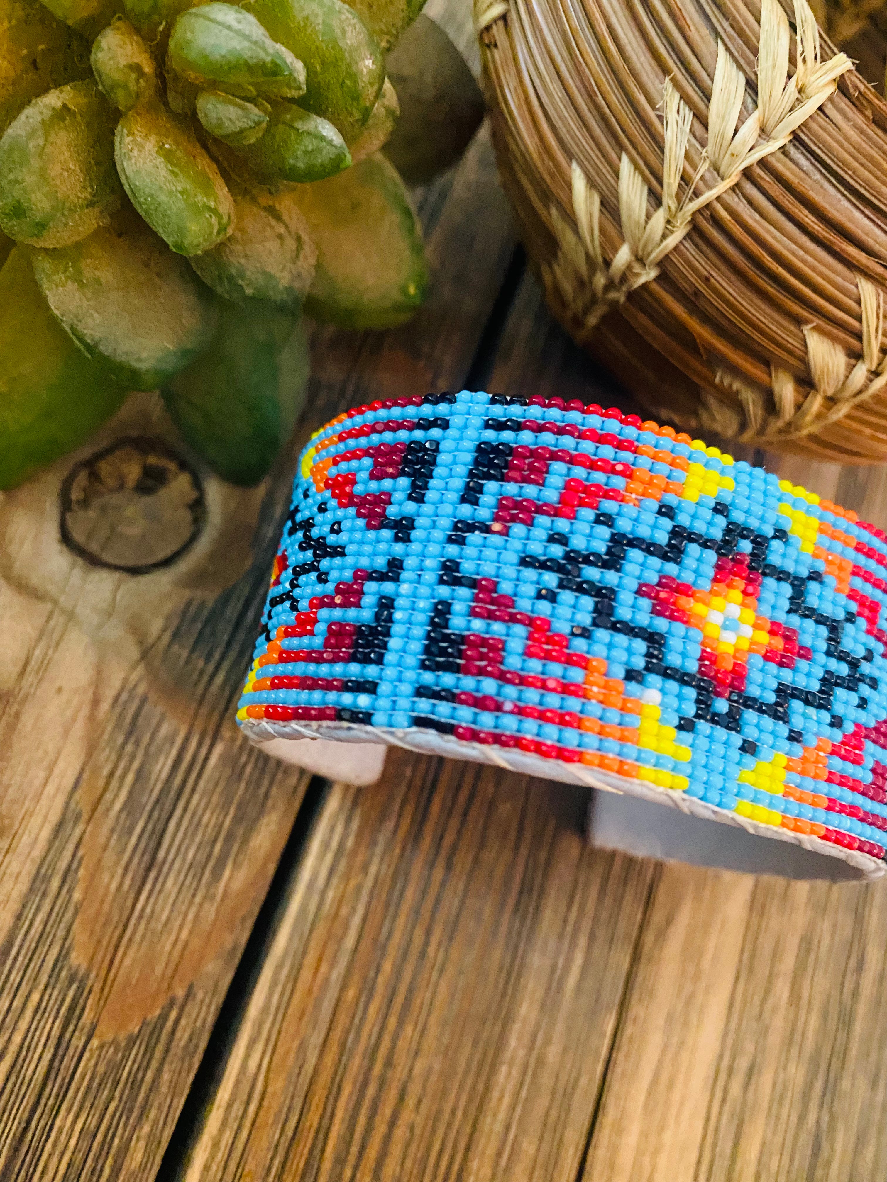 Navajo Made Beaded Leather Bracelet