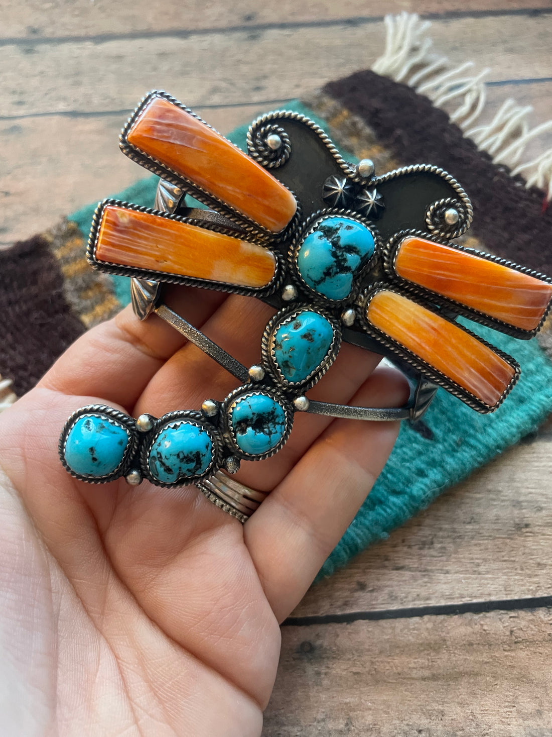 Navajo Kingman Turquoise, Spiny & Sterling Silver Dragonfly Cuff Bracelet Signed Kevin Billah