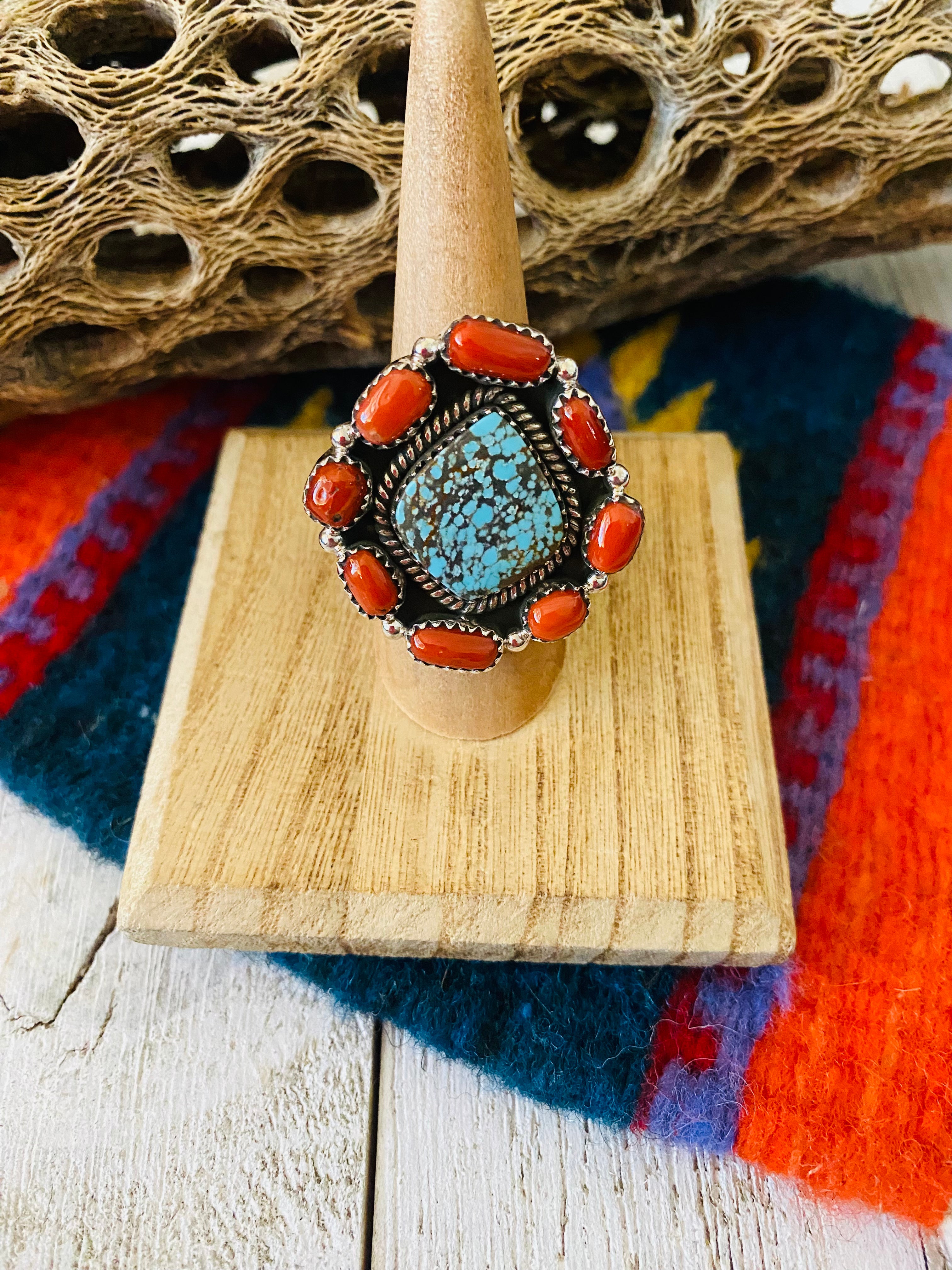 Handmade Sterling Silver, Coral & Number 8 Turquoise Cluster Adjustable Ring