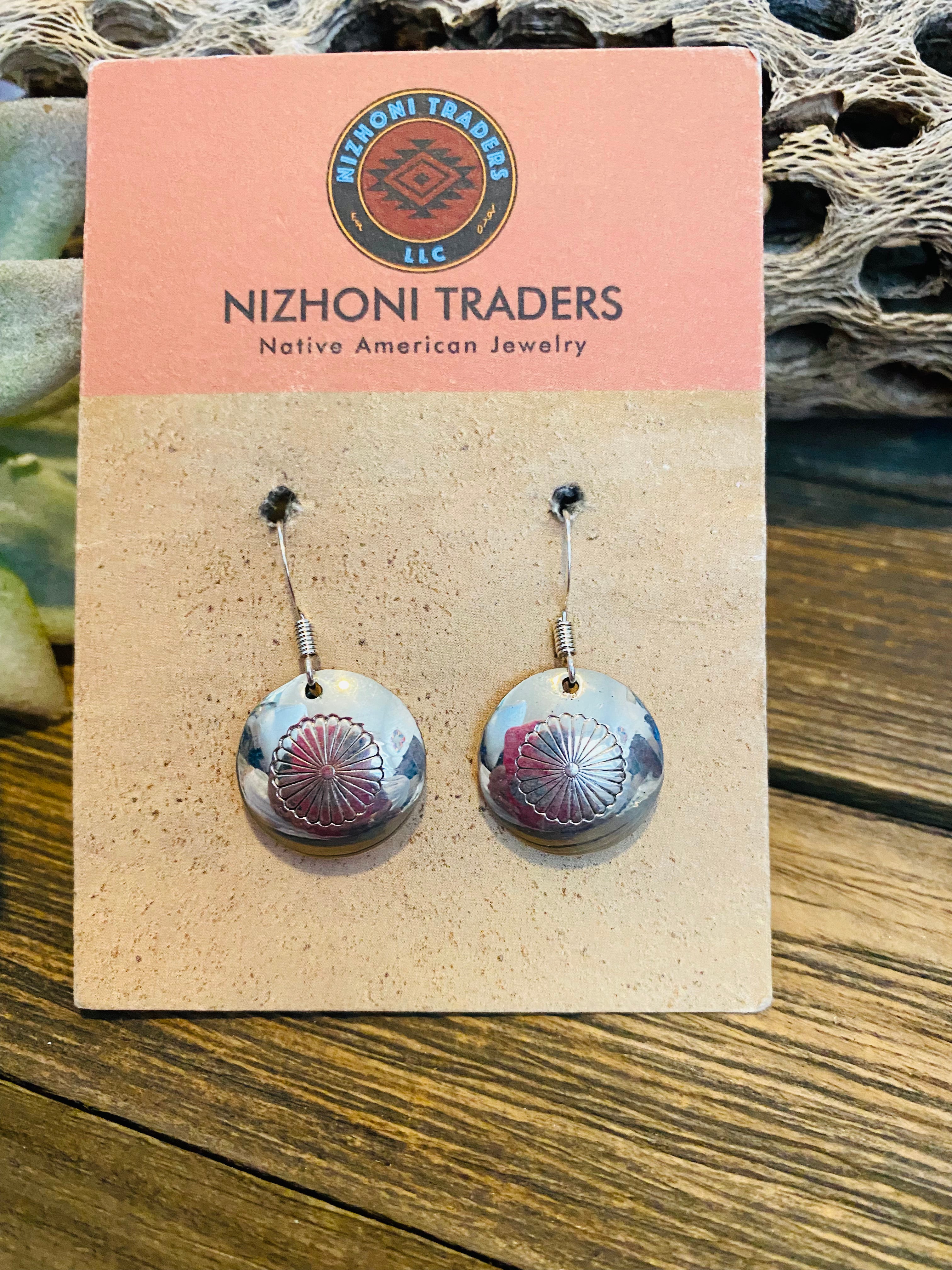 Navajo Hand Stamped Sterling Silver Concho Dangle Earrings