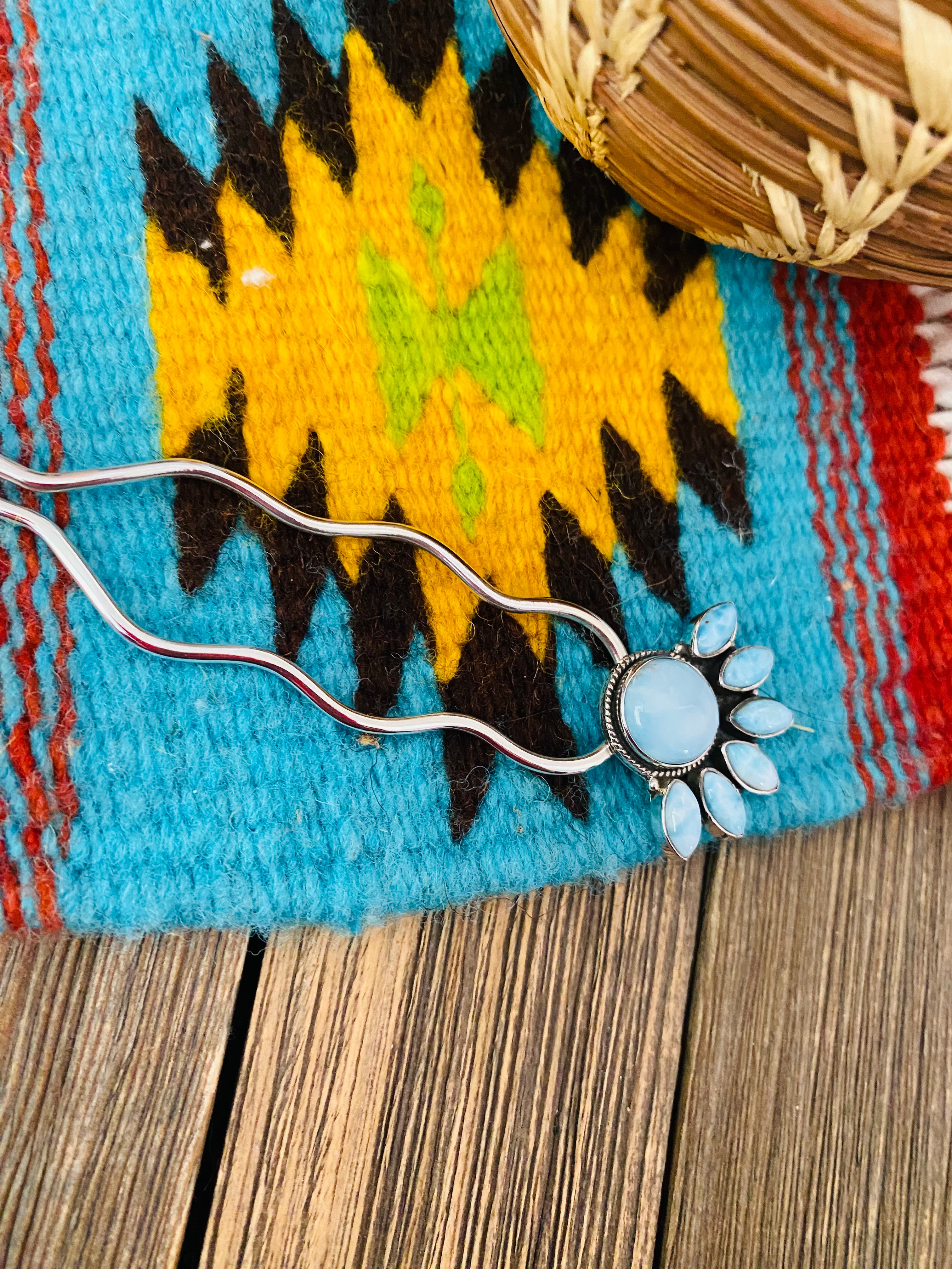 Handmade Larimar & Sterling Silver Hair Pin