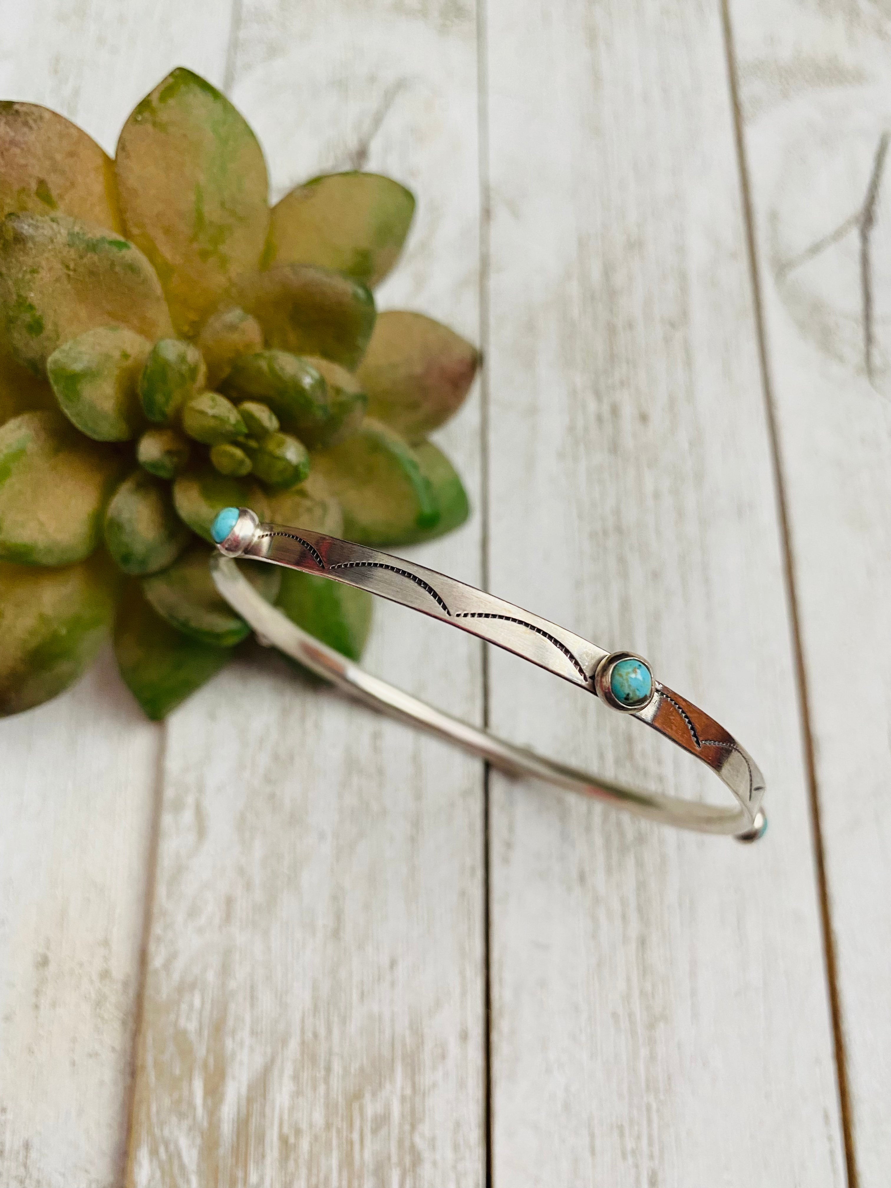 Navajo Hand Stamped Sterling Silver & Turquoise Bangle Bracelet