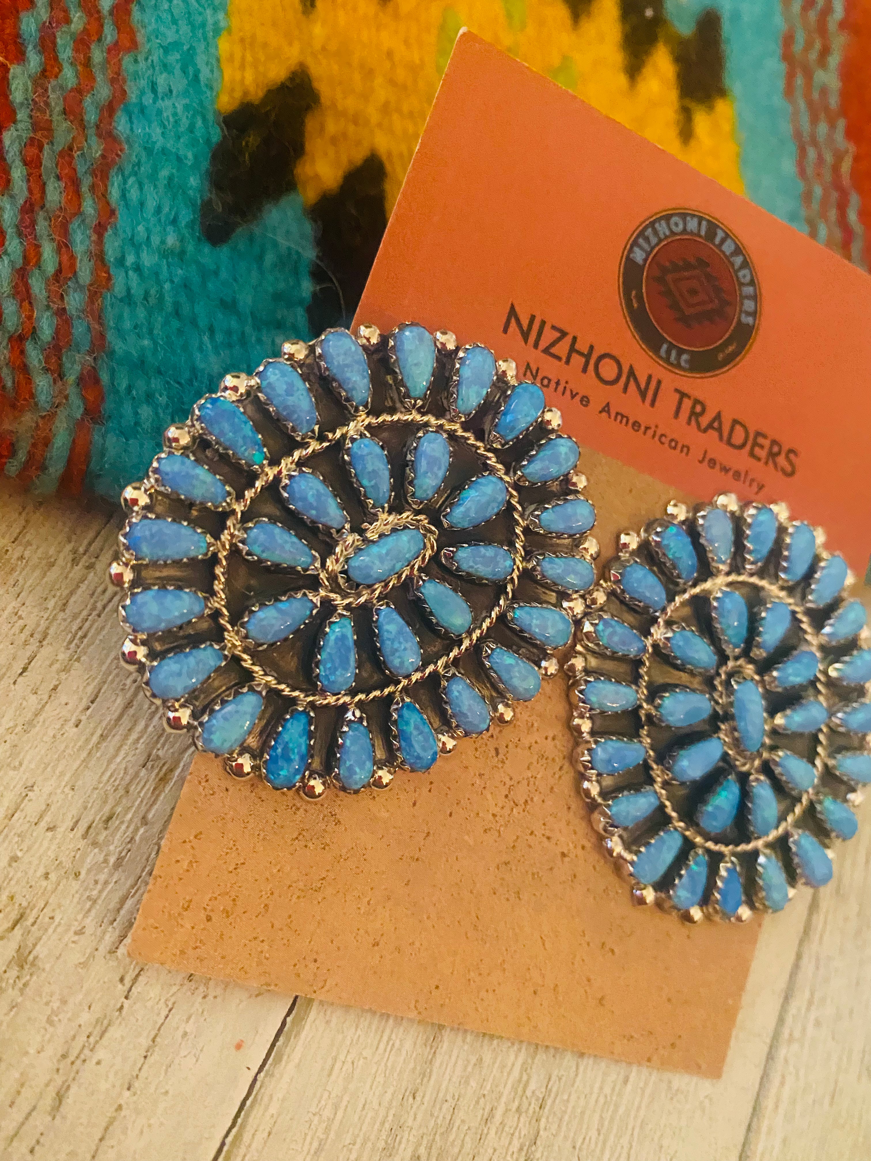 Navajo Sterling Silver & Blue Opal Cluster Post Earrings Signed