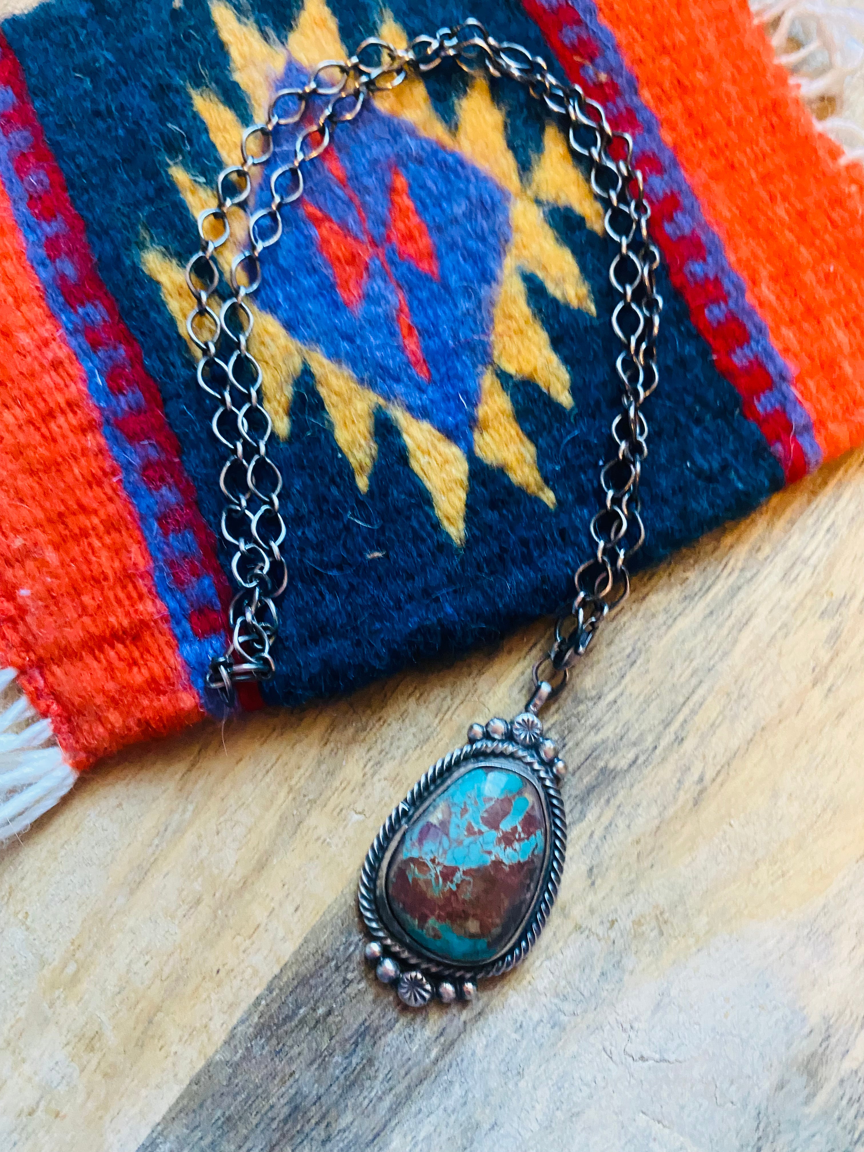 Navajo Sterling Silver & Royston Turquoise Necklace Signed