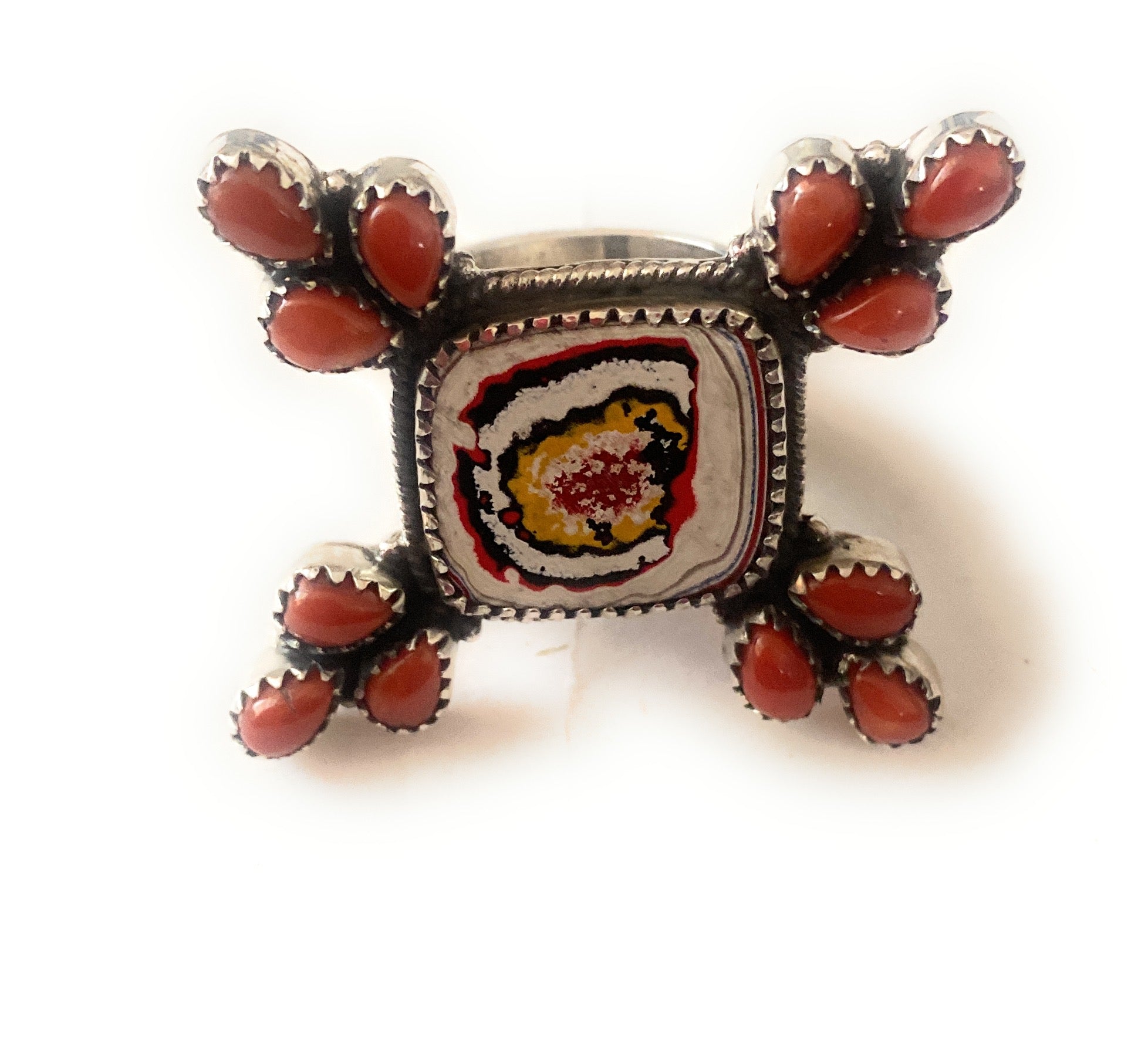 Handmade Sterling Silver, Fordite & Coral Cluster Adjustable Ring