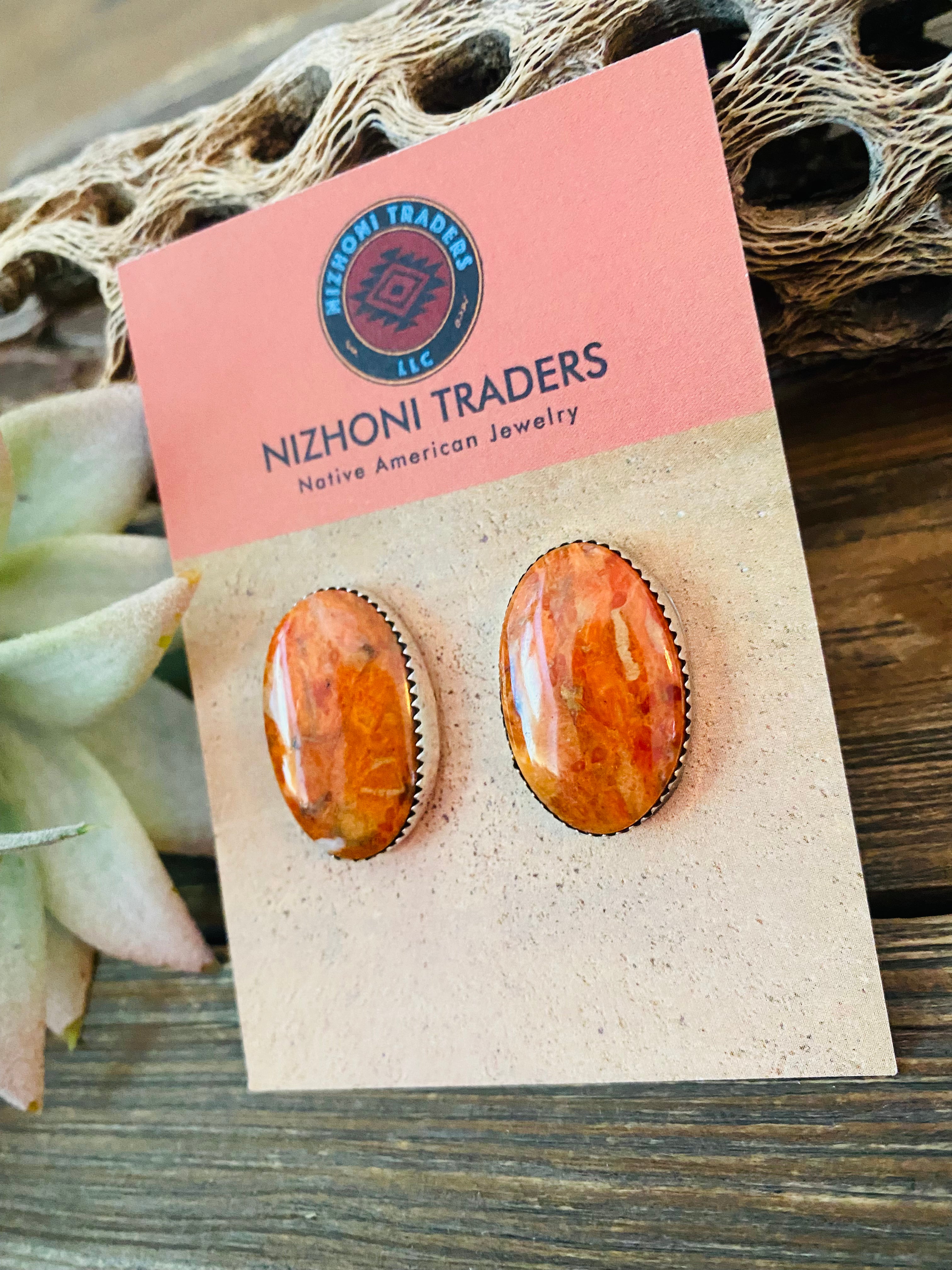 Navajo Sterling Silver & Orange Spiny Post Earrings 1”