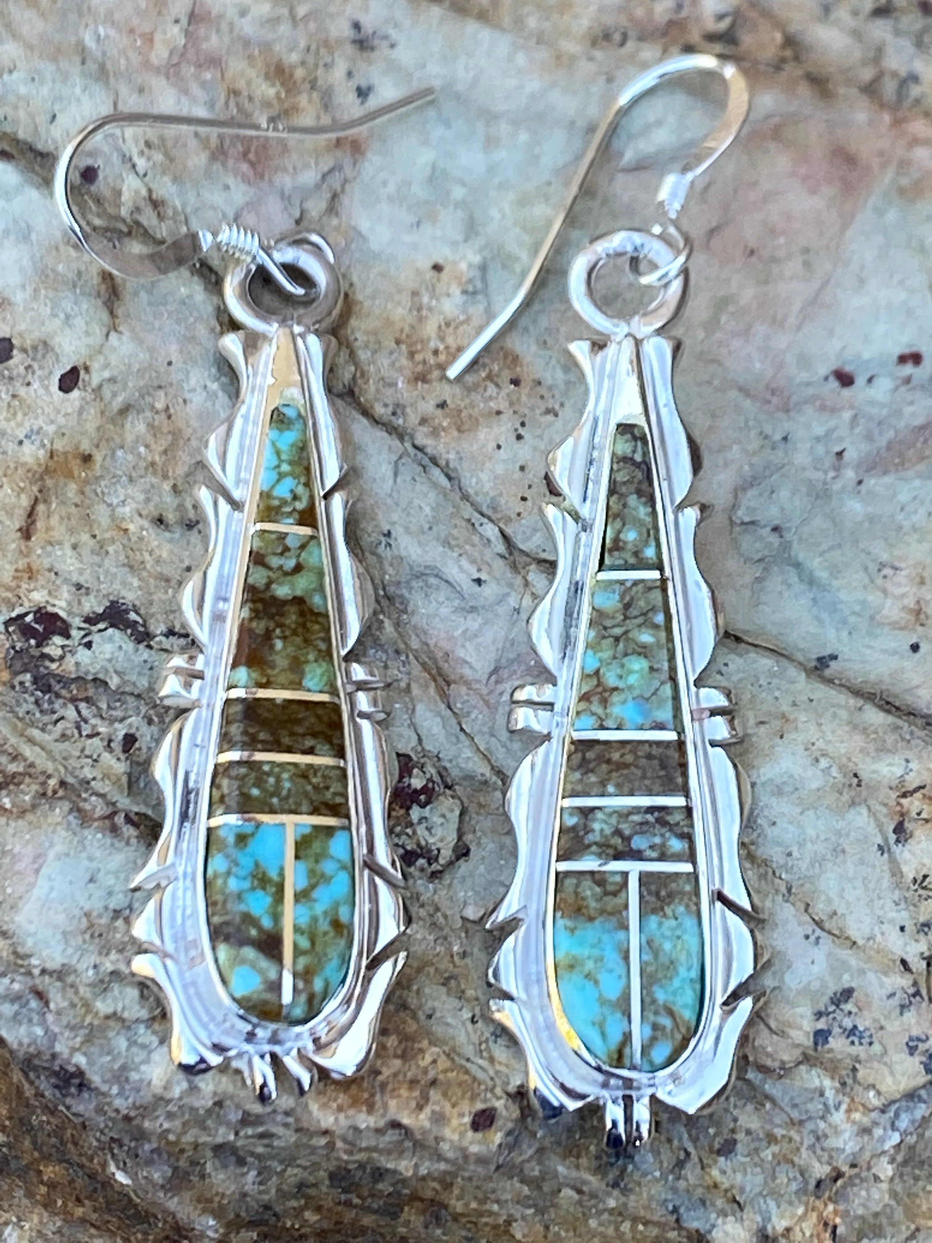 Navajo Turquoise 8 & Sterling Silver Jagged Club Dangle Earrings