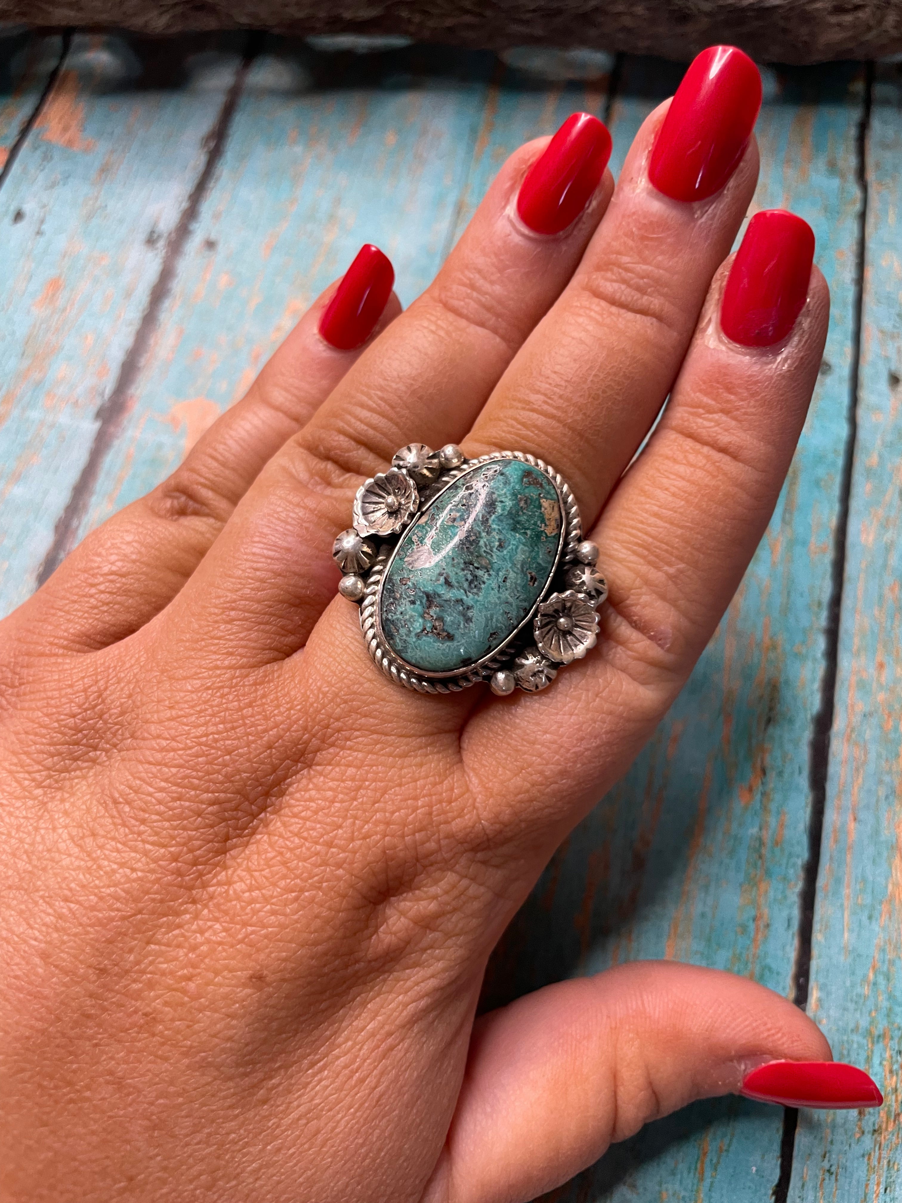 Old Pawn Navajo Sterling Silver & Turquoise Ring Size 9.5