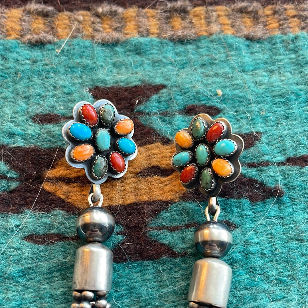 Navajo Sterling Silver Tassel Multi Stone Flower Dangle Earrings Signed