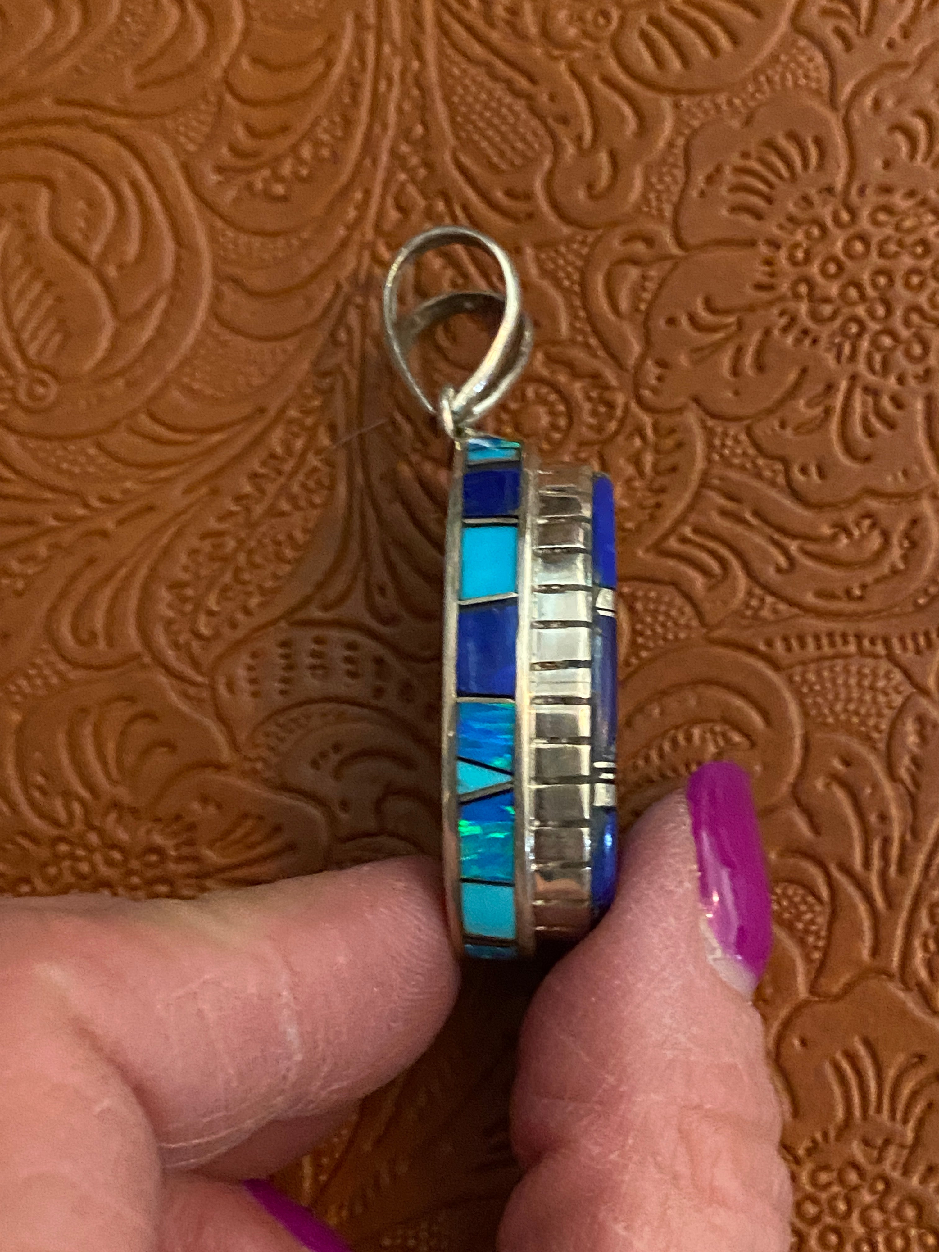 Navajo Lapis, Turquoise, Blue Opal Oval Pendant