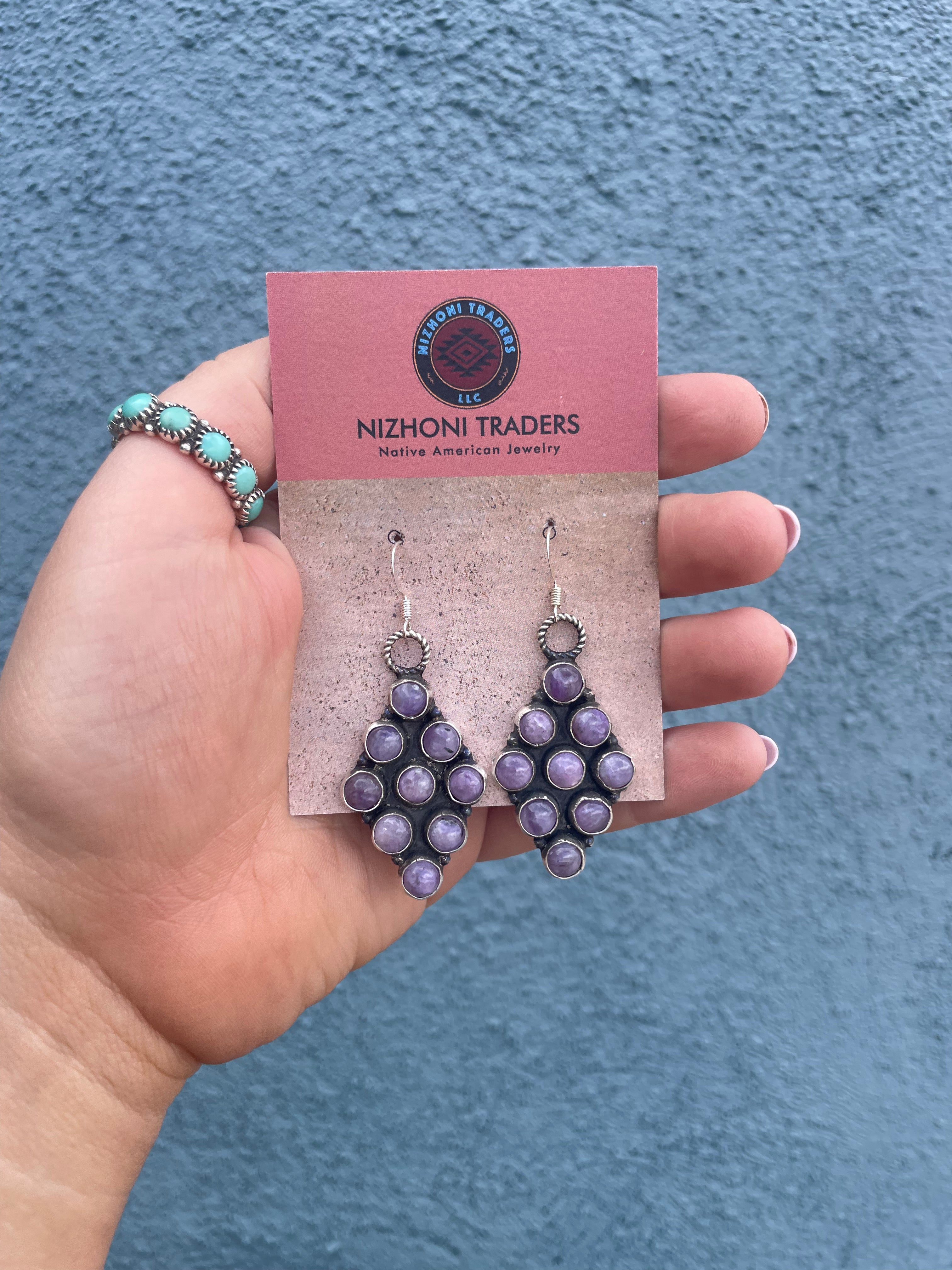 Navajo Charoite & Sterling Silver Dangle Earrings Signed