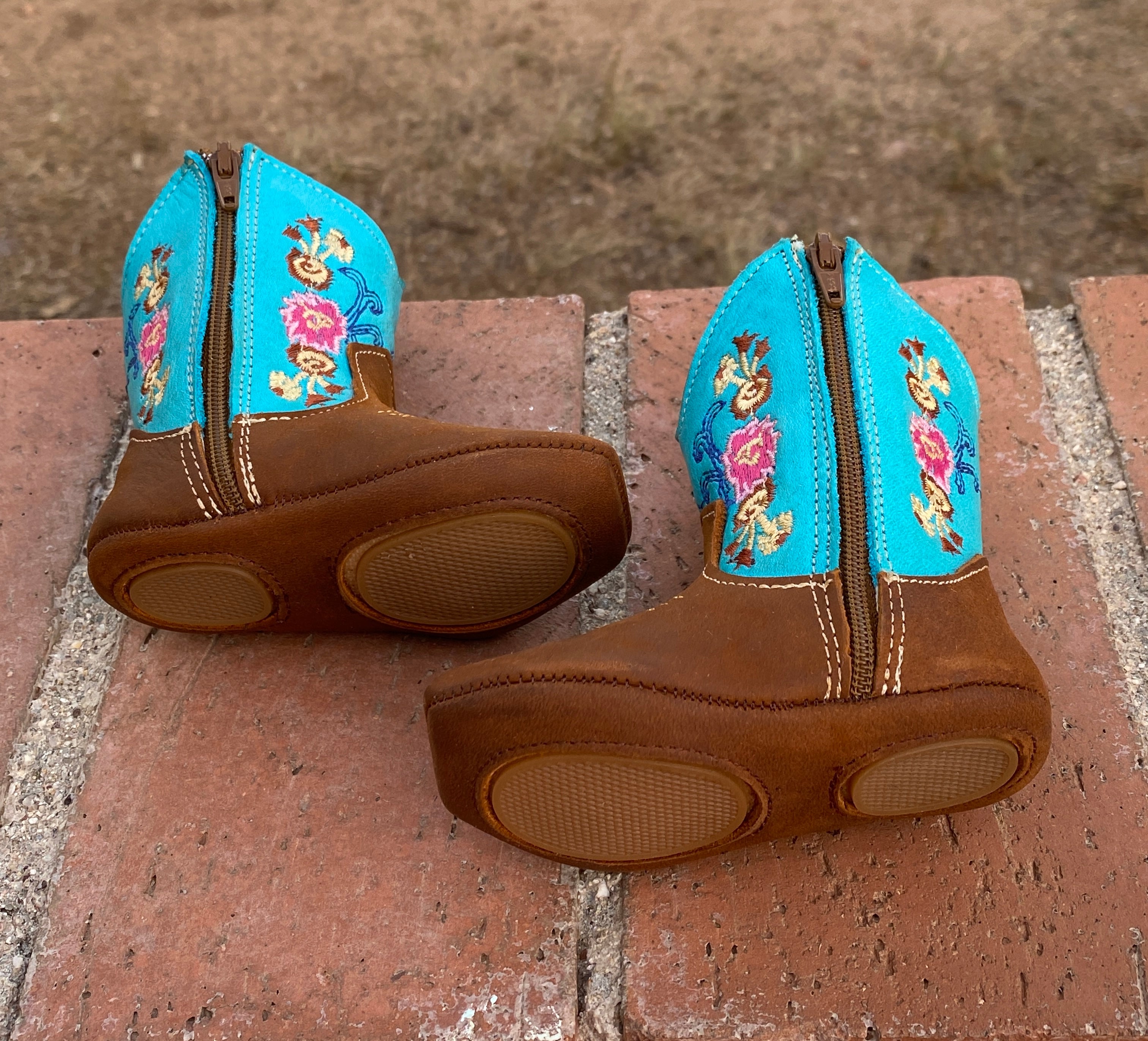 Western Leather infant Baby Boots Turquoise & Flowered