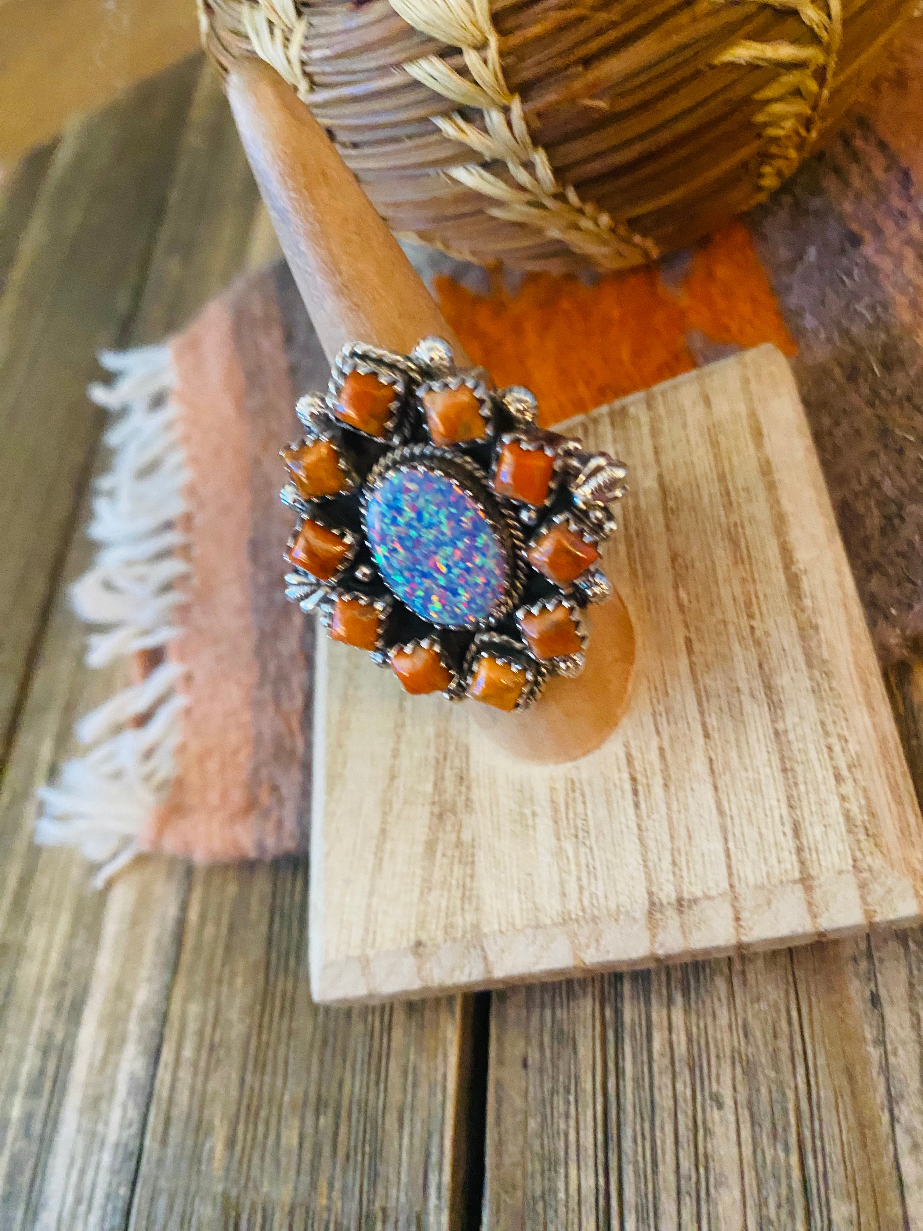 Handmade Sterling Silver, Orange Mojave & Opal Cluster Adjustable Ring