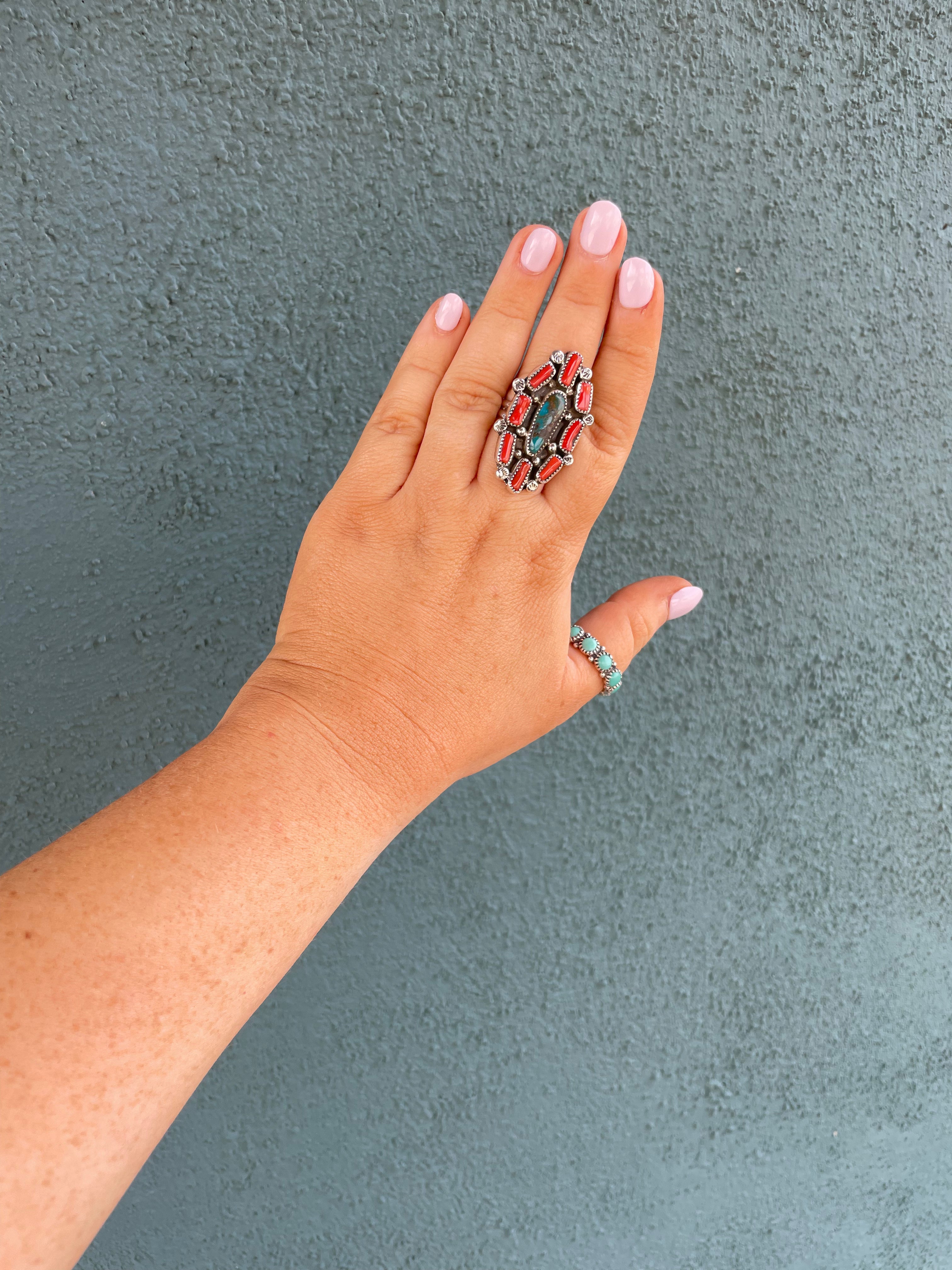 Navajo Coral, Turquoise & Sterling Silver Cluster Ring Size 9 Signed