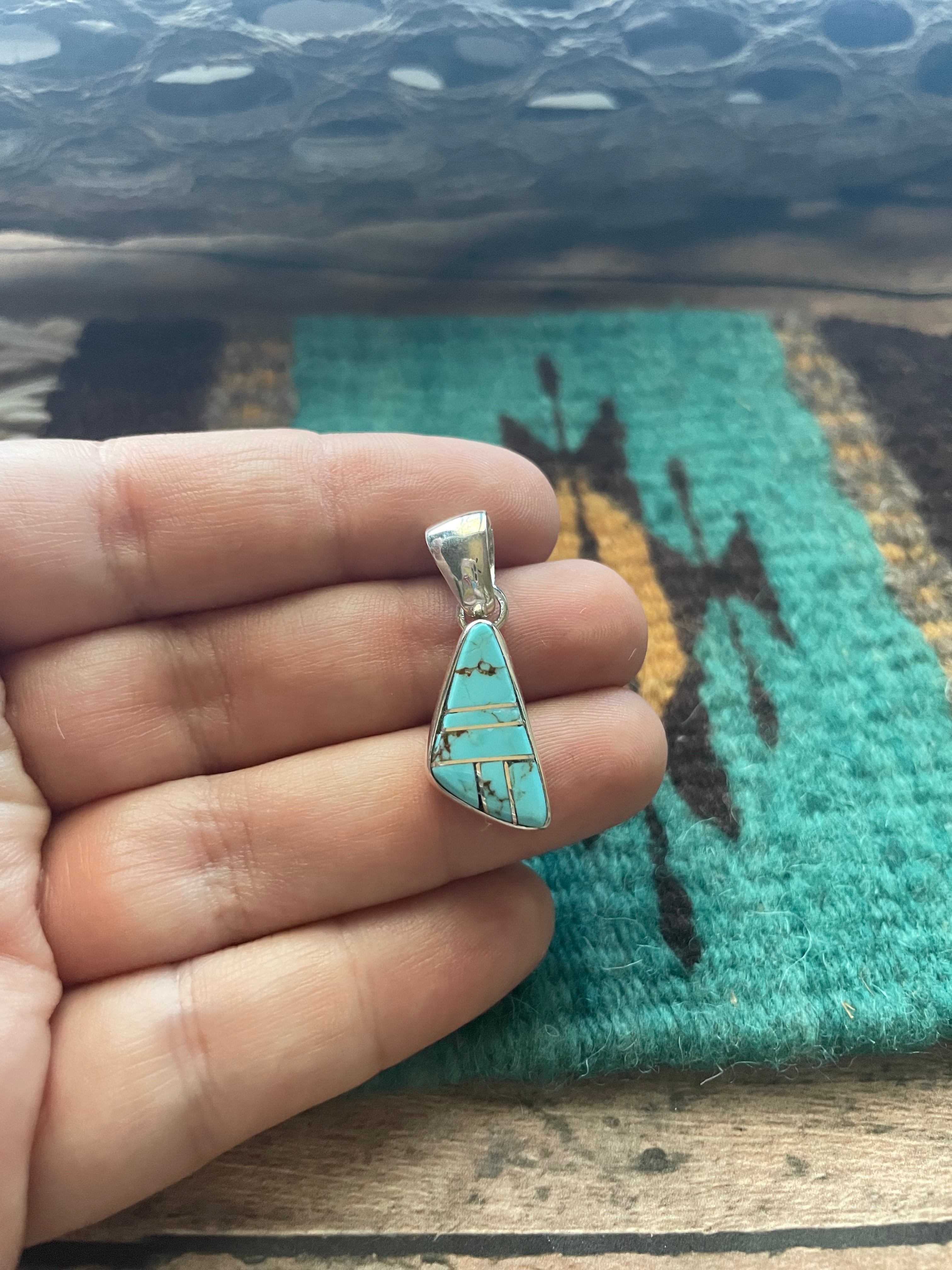 Navajo Number 8 Turquoise Inlay & Sterling Silver Pendant