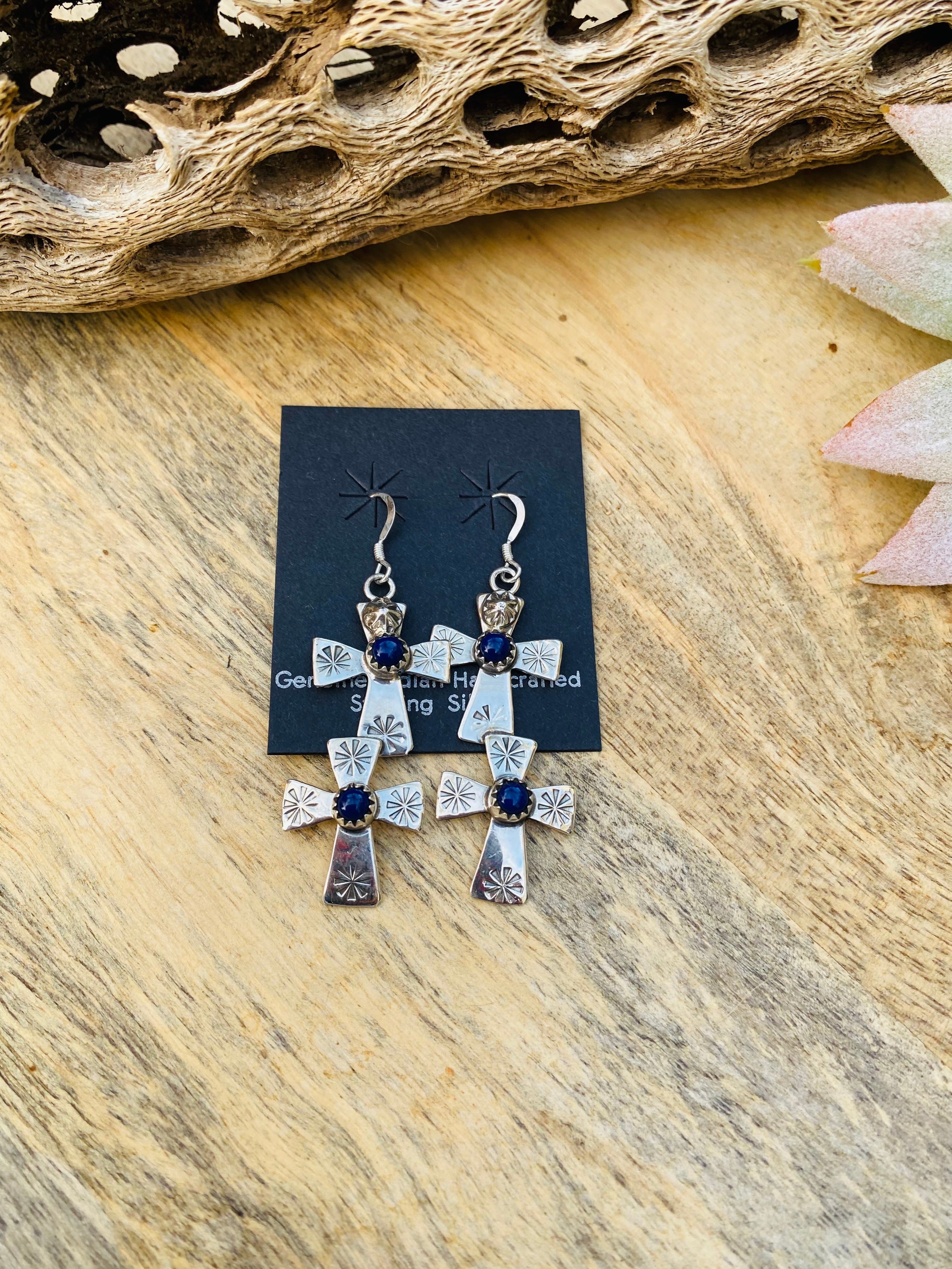 Navajo Hand Stamped Sterling Silver & Lapis Cross Dangle Earrings