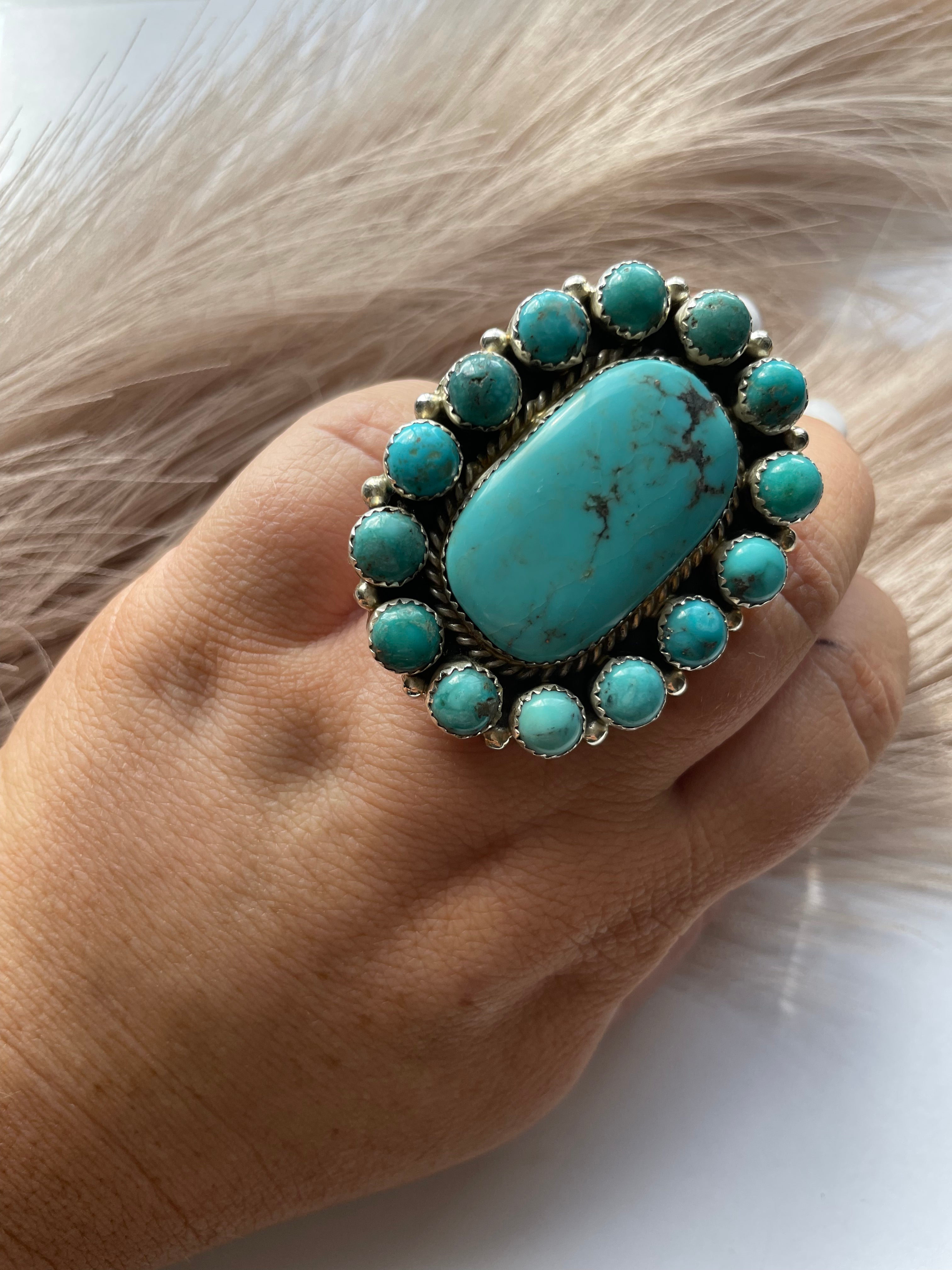 Navajo Turquoise & Sterling Silver Ring Size 7 Signed Robert Shakey