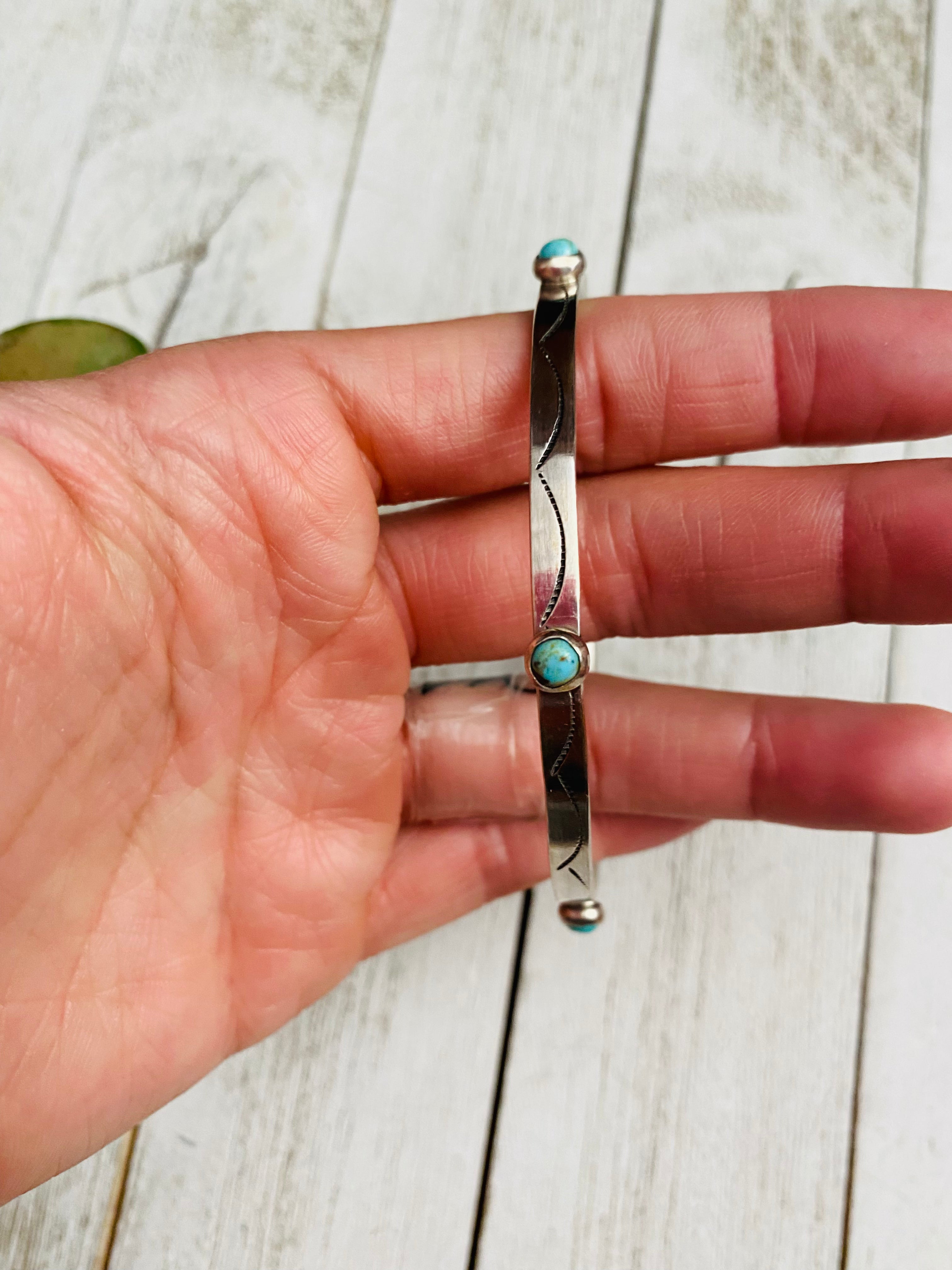 Navajo Hand Stamped Sterling Silver & Turquoise Bangle Bracelet