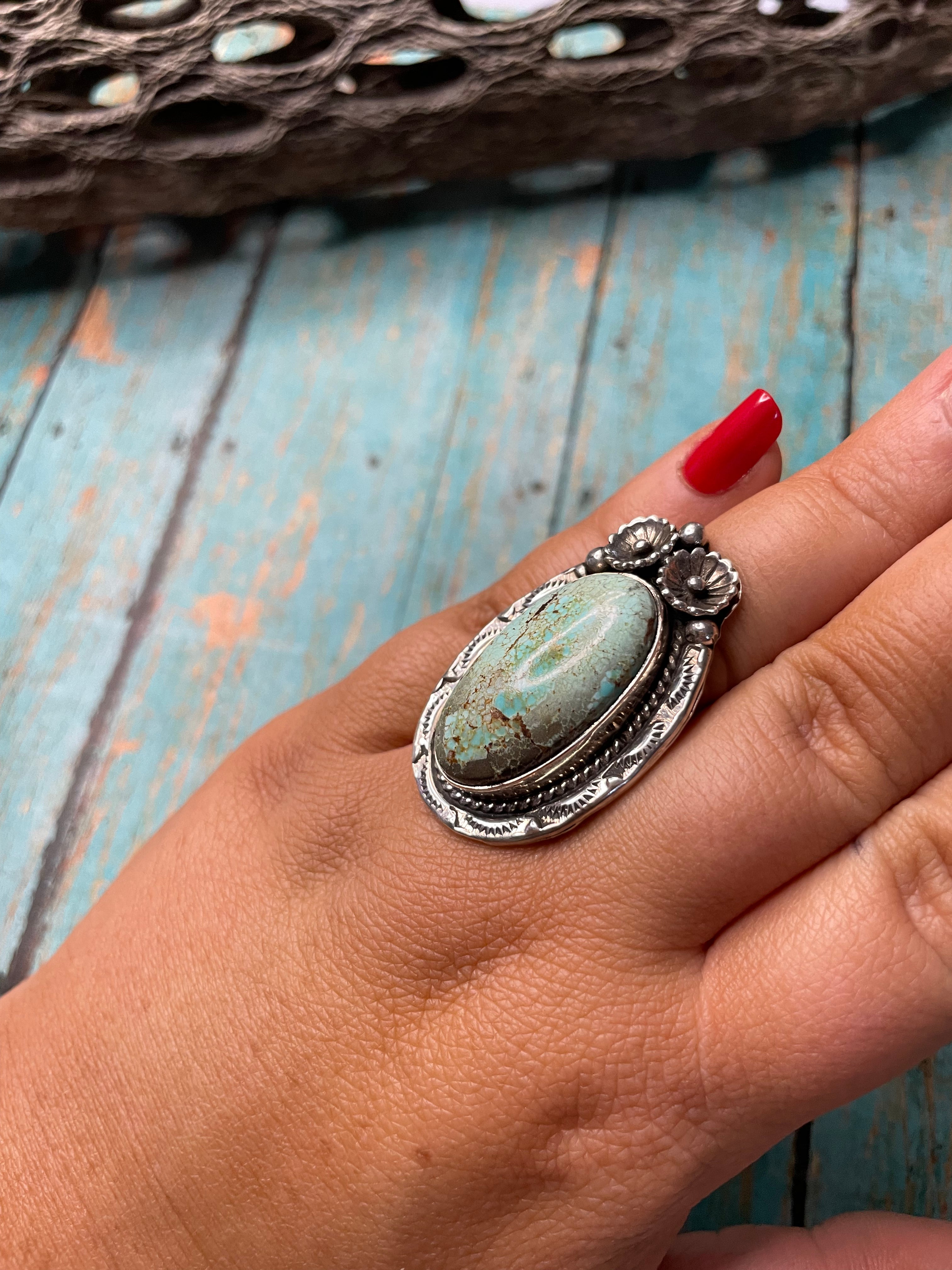 Old Pawn Navajo Sterling Silver & Turquoise Ring Size 8.5