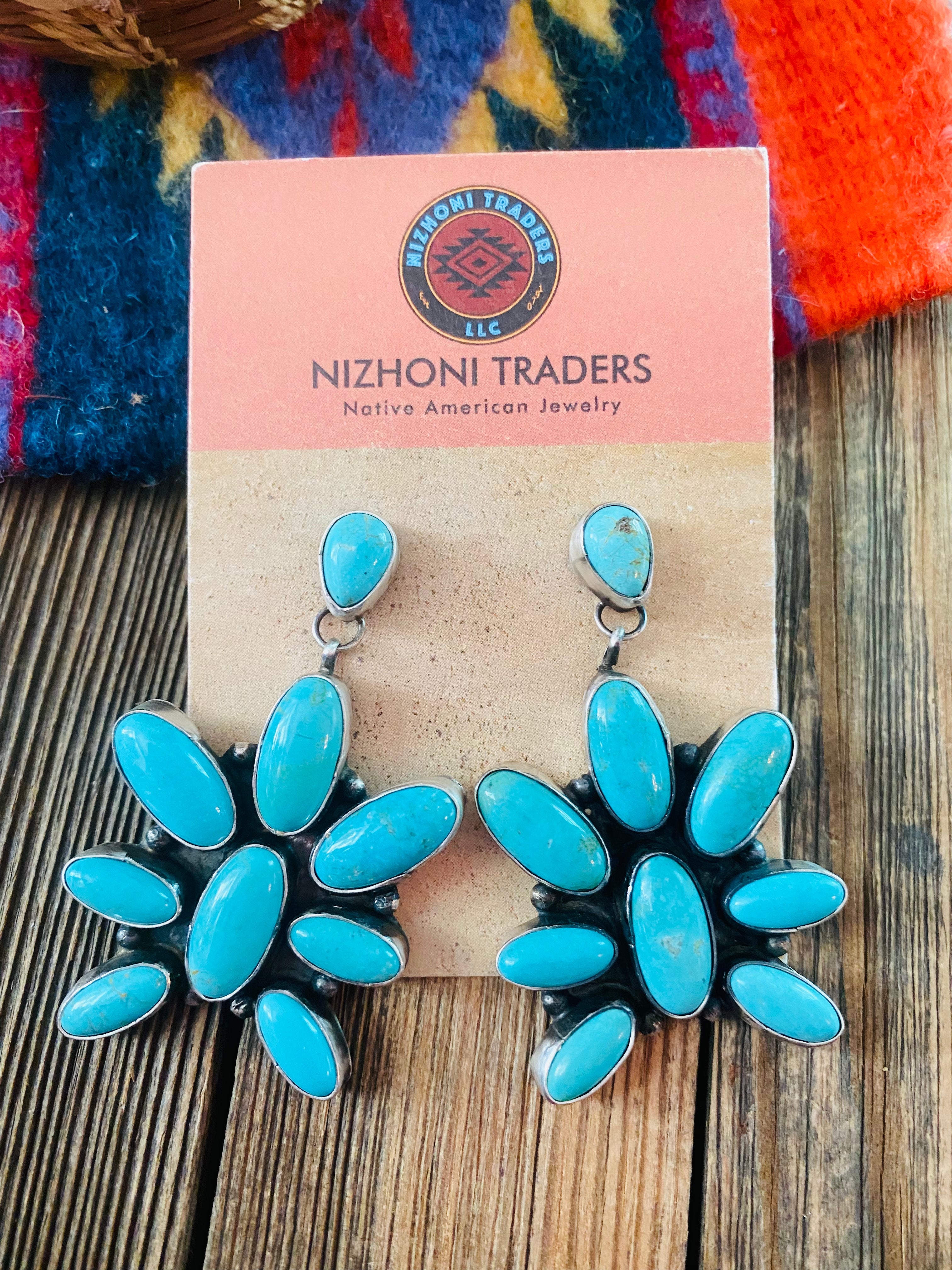 Navajo Turquoise & Sterling Silver Cluster Dangle Earrings