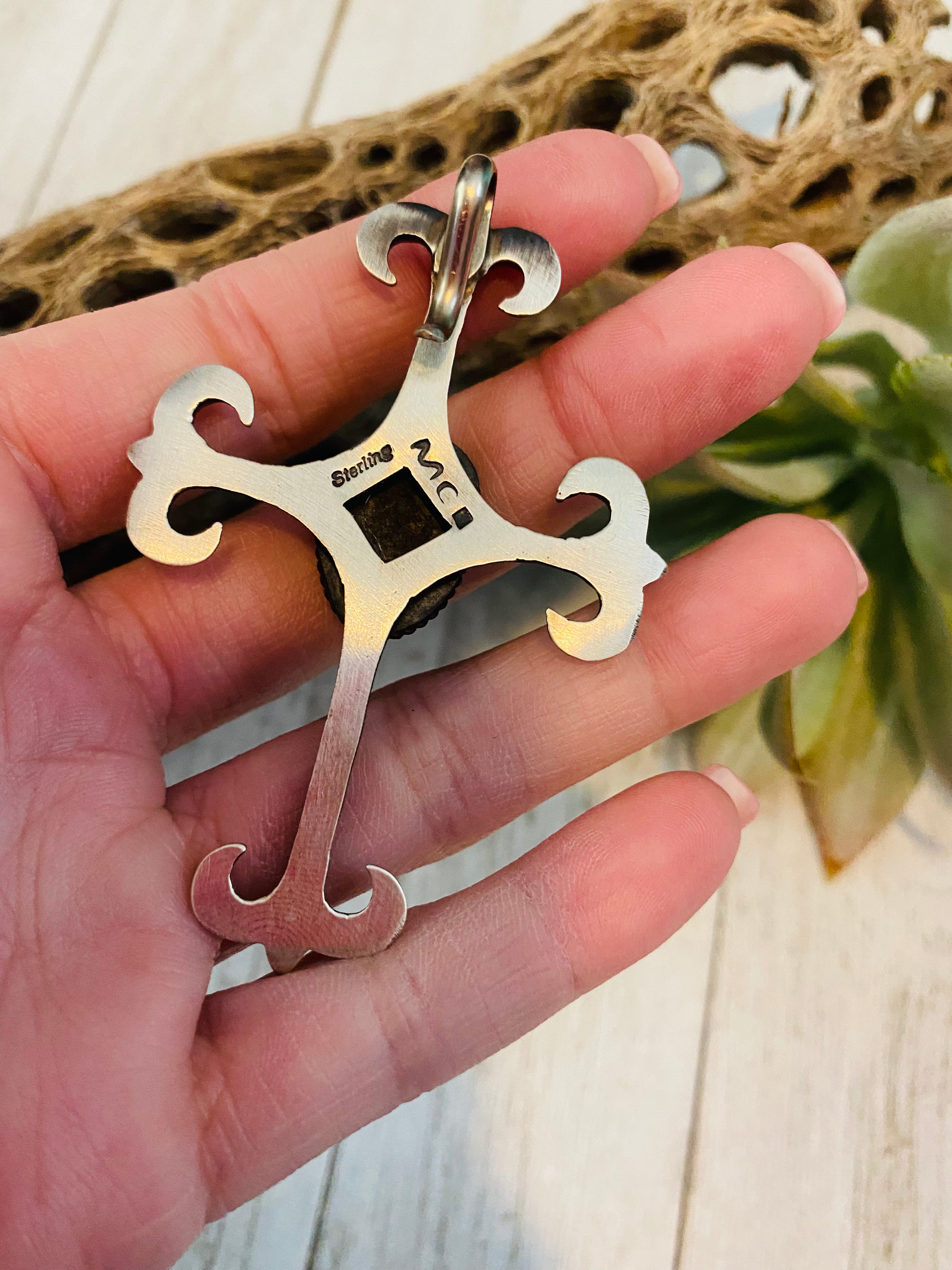 Navajo Sterling Silver & Royston Turquoise Cross Pendant By Martha Cayatineto