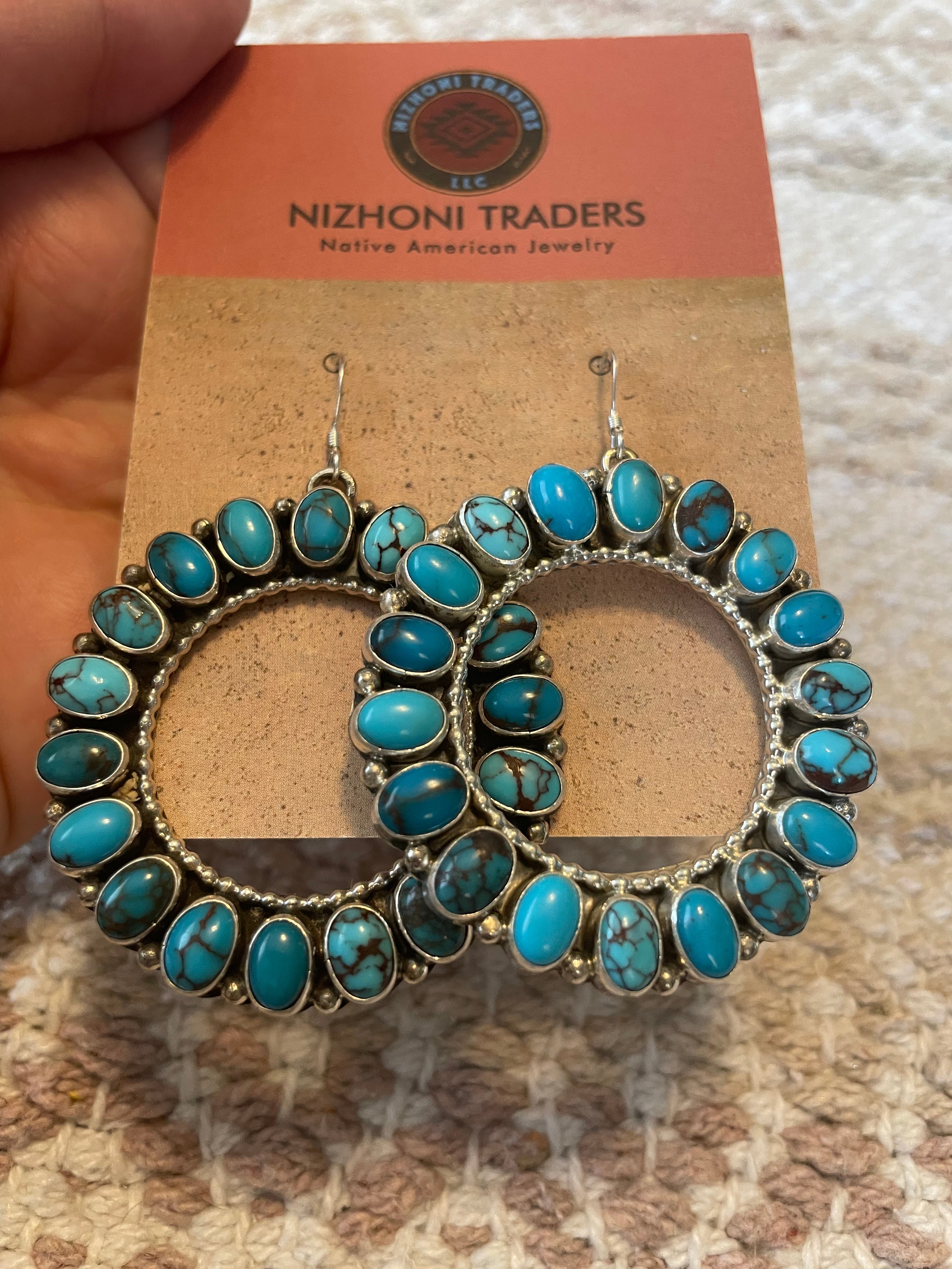 Navajo Lone Mountain Turquoise And Sterling Silver Hoop Earrings