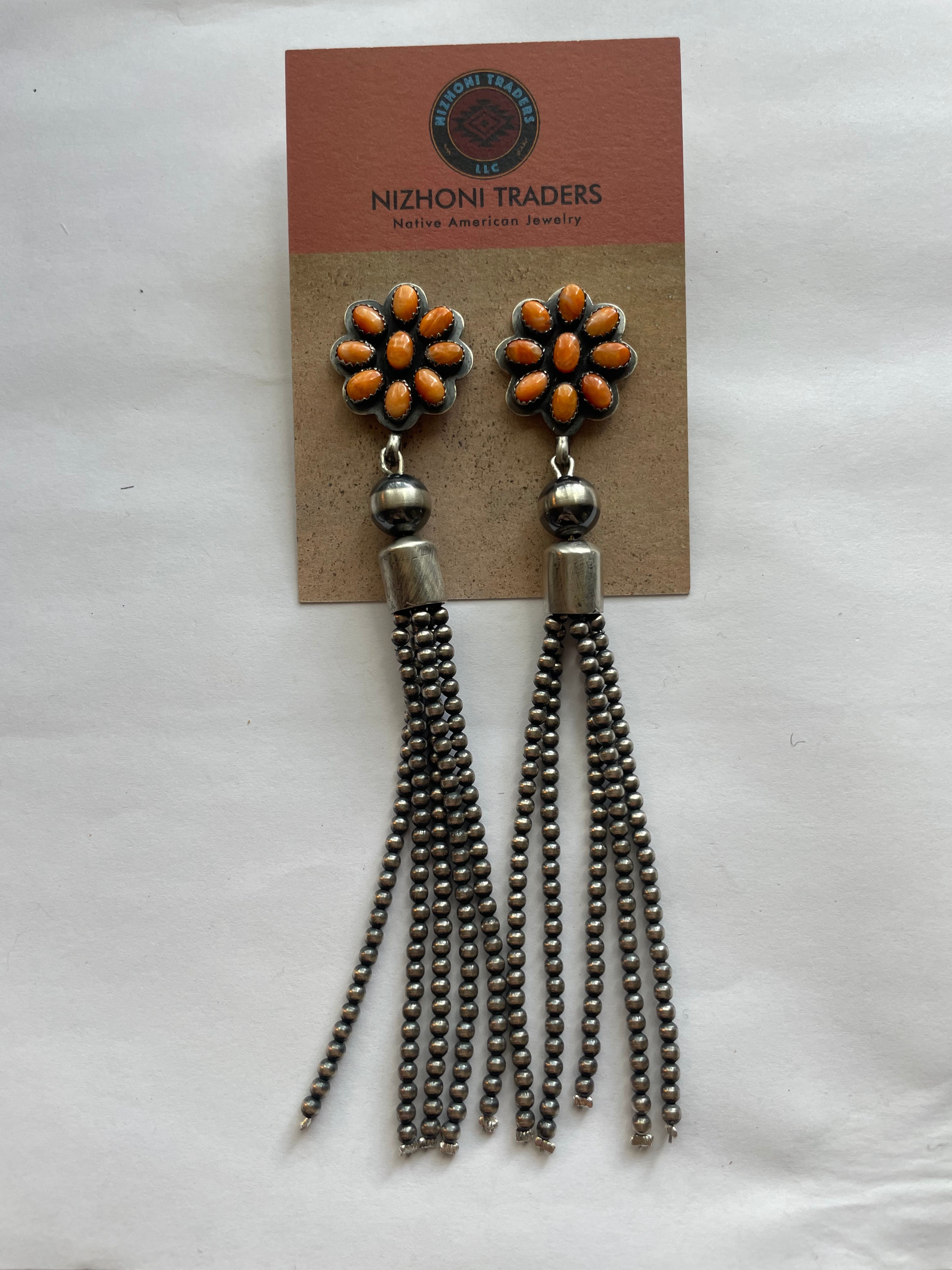 Navajo Sterling Silver Tassel Orange Spiny Flower Dangle Earrings Signed