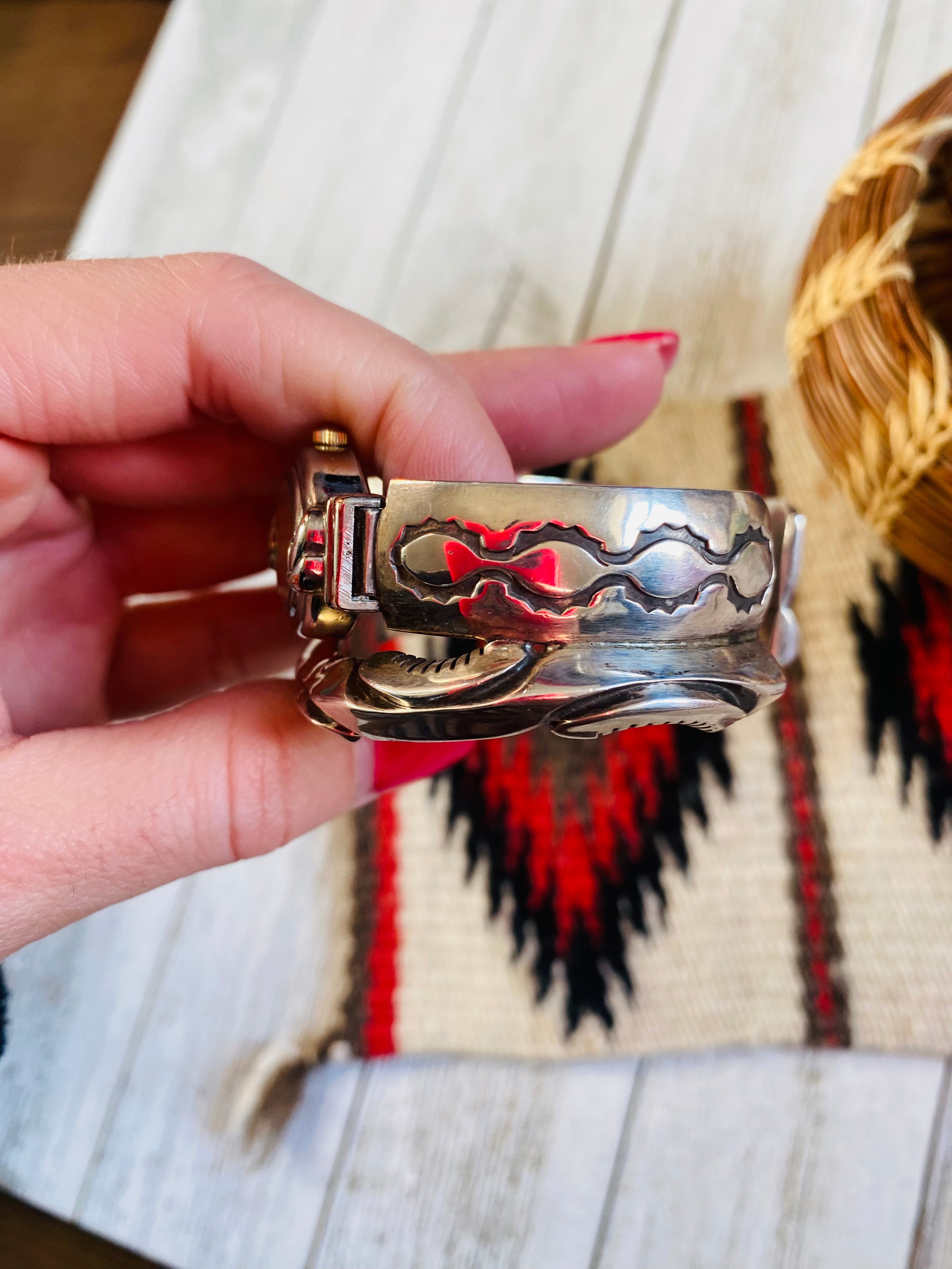 Old Pawn Vintage Navajo Hand Stamped Sterling Silver Watch Cuff