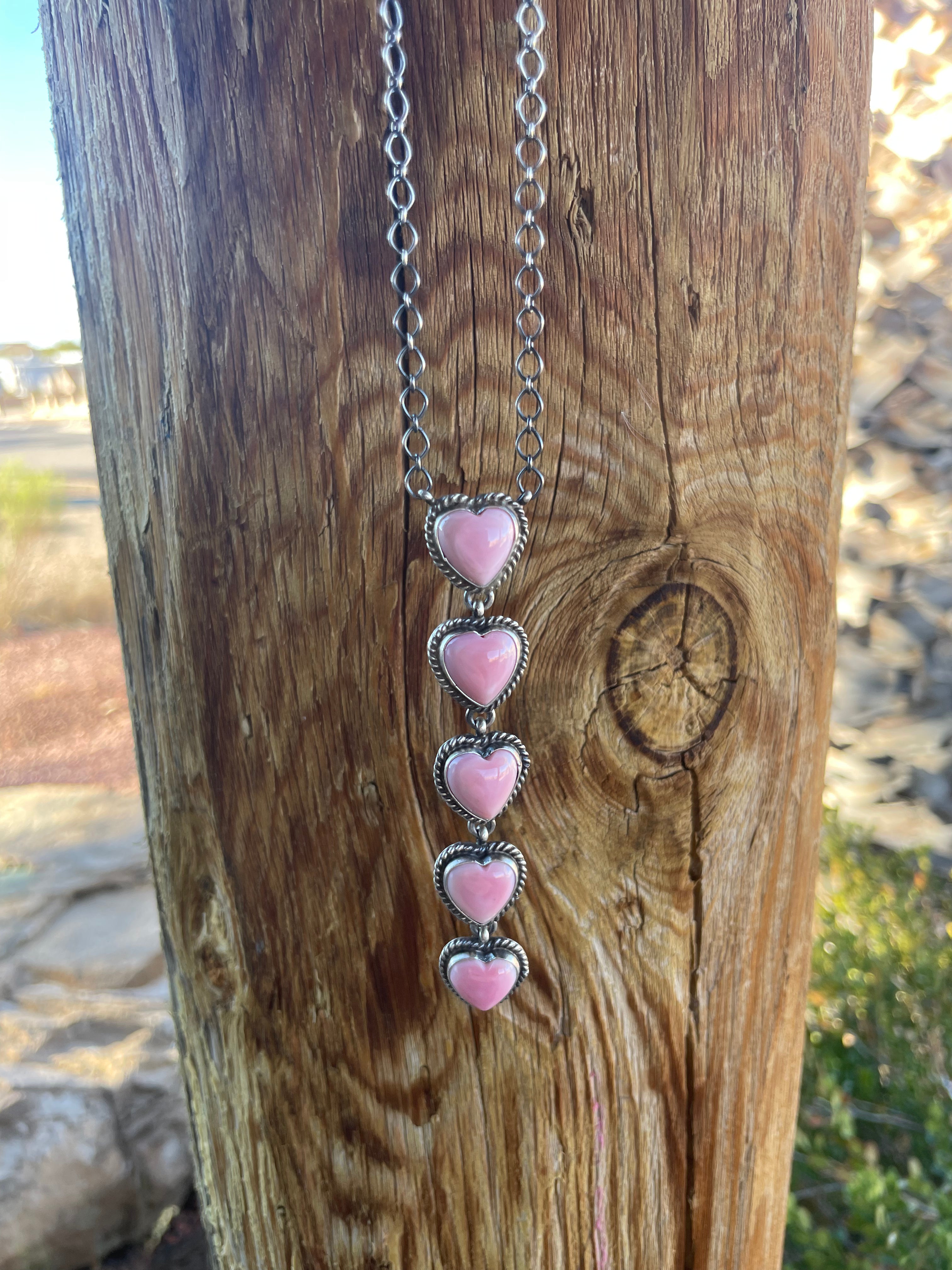 Navajo Queen Pink Conch Shell And Sterling Silver Drop 5 Heart Necklace Signed