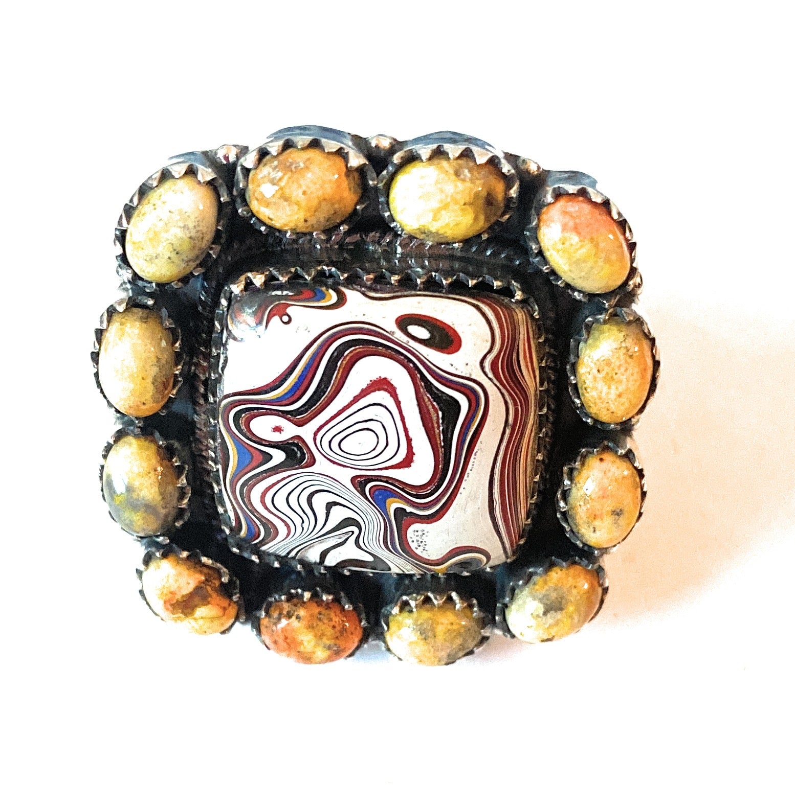 Handmade Sterling Silver, Fordite & Orange Mohave Cluster Adjustable Ring