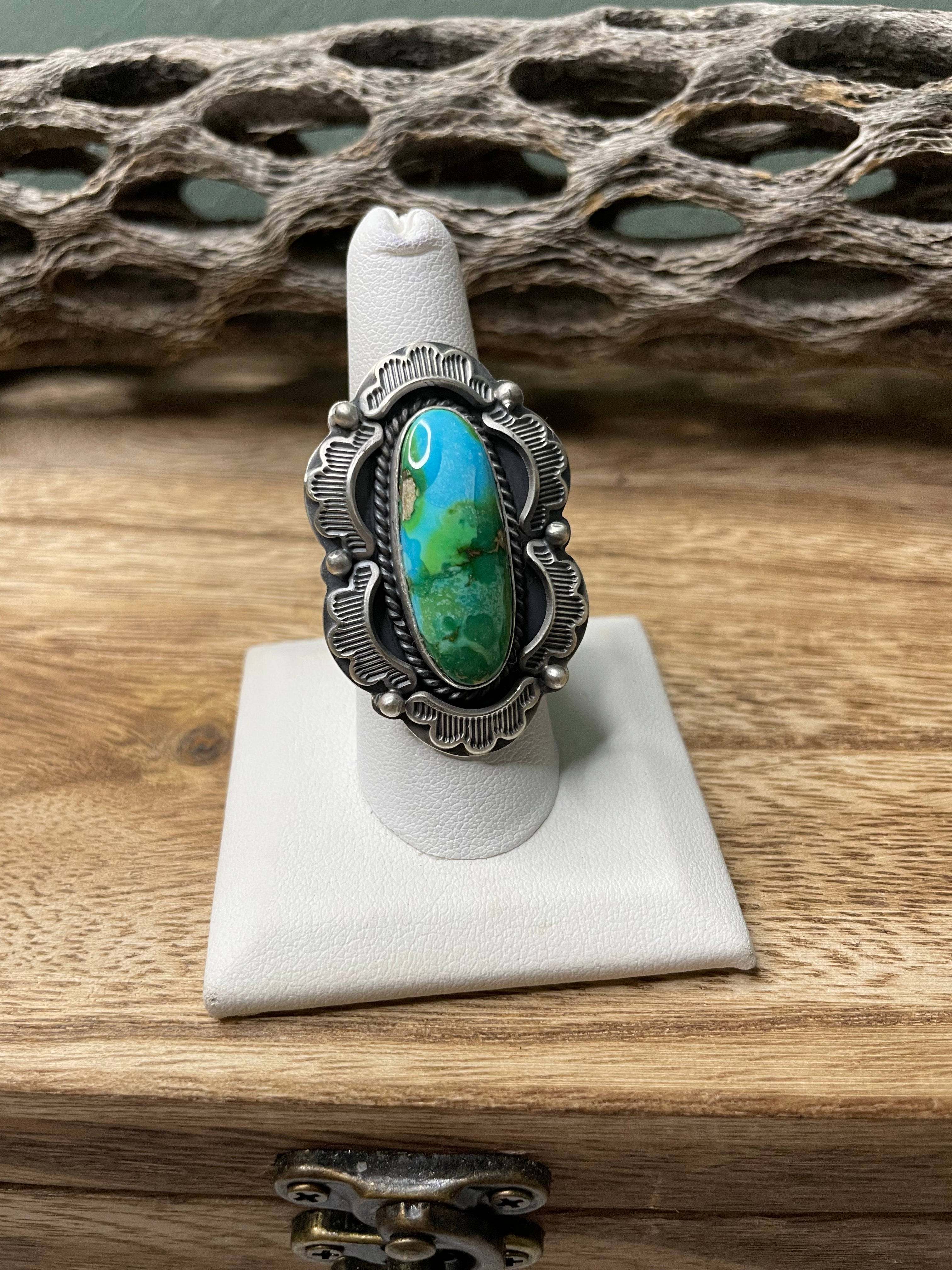 Navajo Sonoran Mountain Turquoise And Sterling Silver Statement Ring Size 8