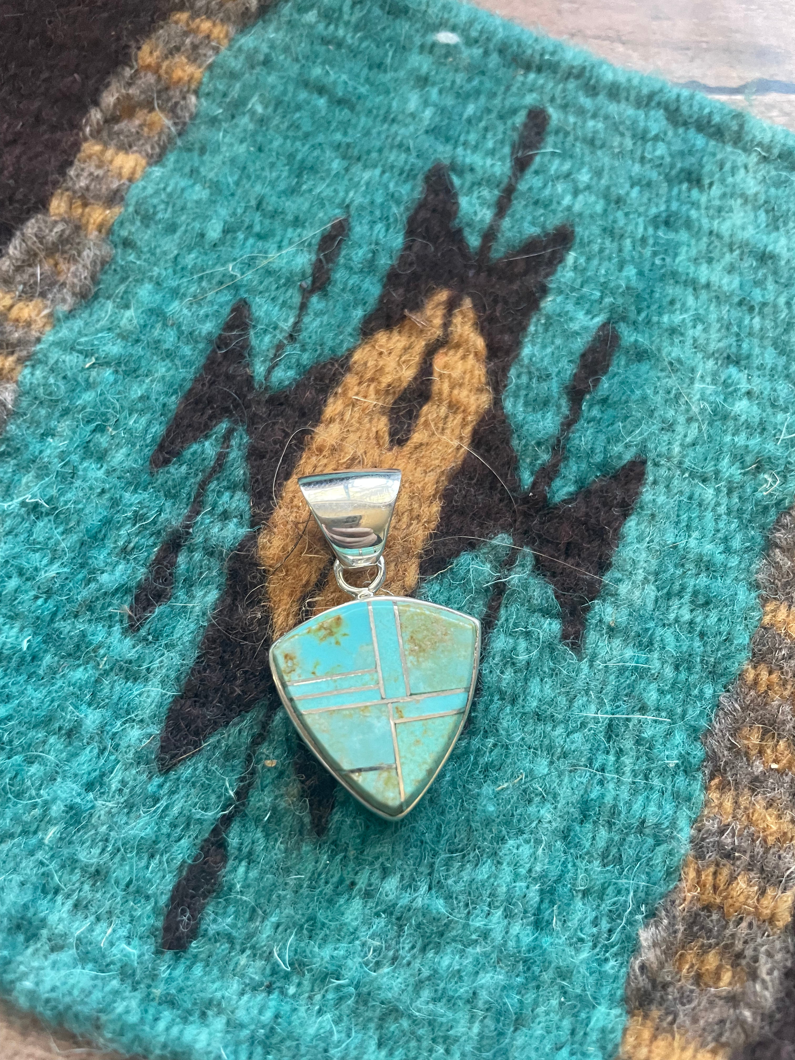 Number 8 Turquoise Inlay & Sterling Silver Pendant