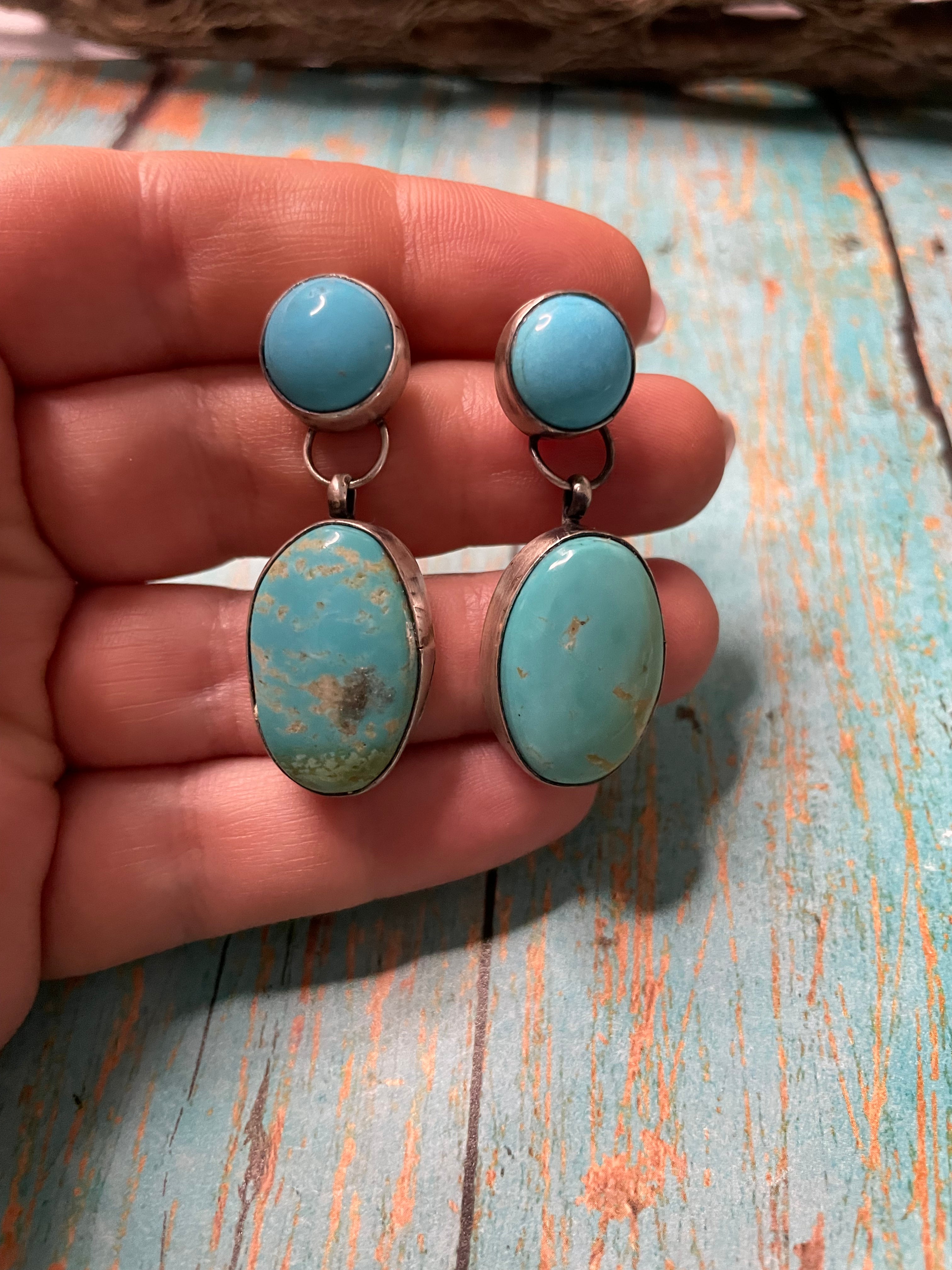 Navajo Turquoise And Sterling Silver Dangle Earrings Signed any Antone Harley