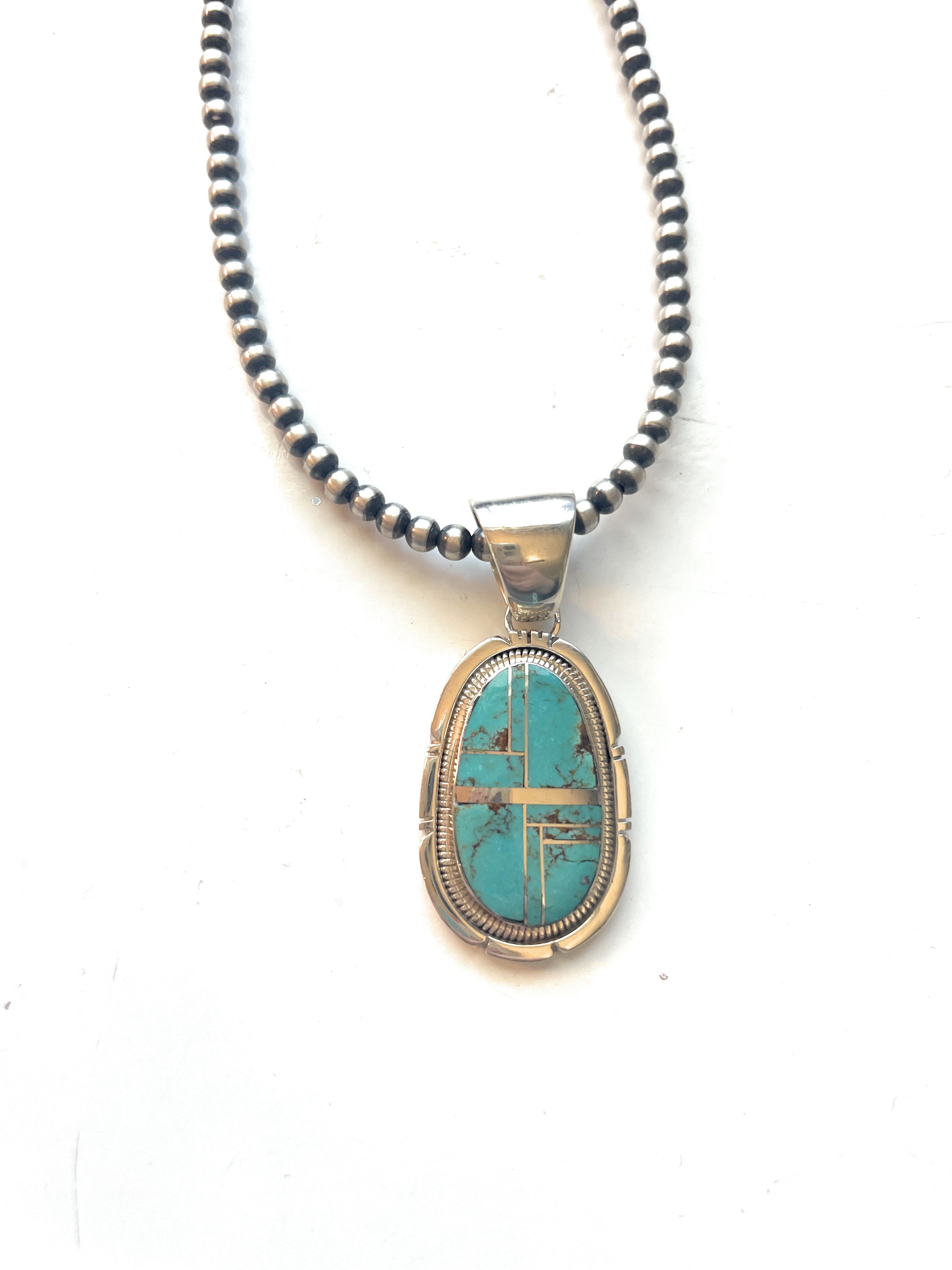 Navajo Number 8 Turquoise Inlay & Sterling Silver Pendant Signed